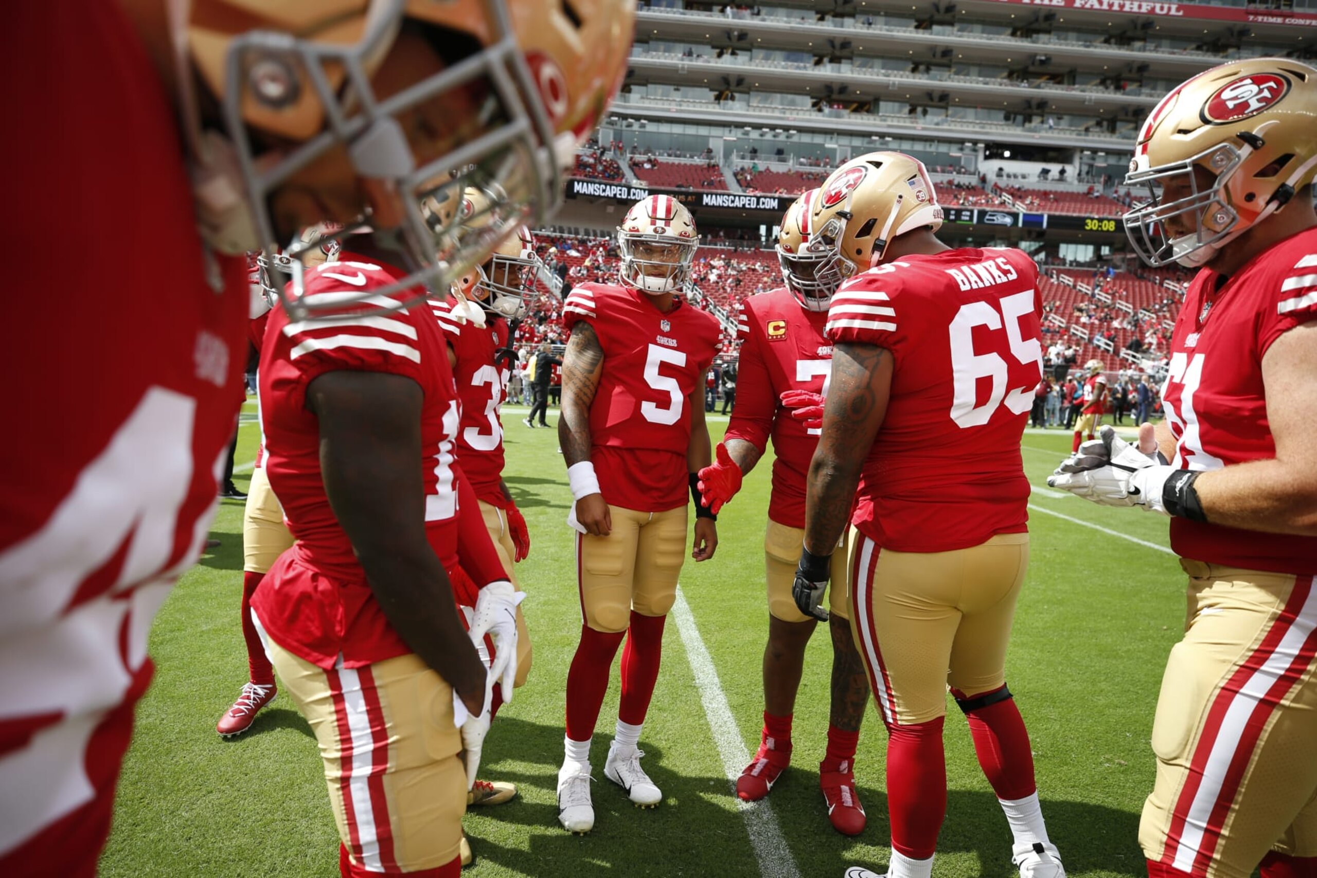 SANTA CLARA, CA - SEPTEMBER 18: Trey Lance #5 of the San Francisco 49ers on the field before the game against the Seattle Seahawks at Levi's Stadium on September 18, 2022 in Santa Clara, California. The 49ers defeated the Seahawks 27-7. (Photo by Michael Zagaris/San Francisco 49ers/Getty Images)