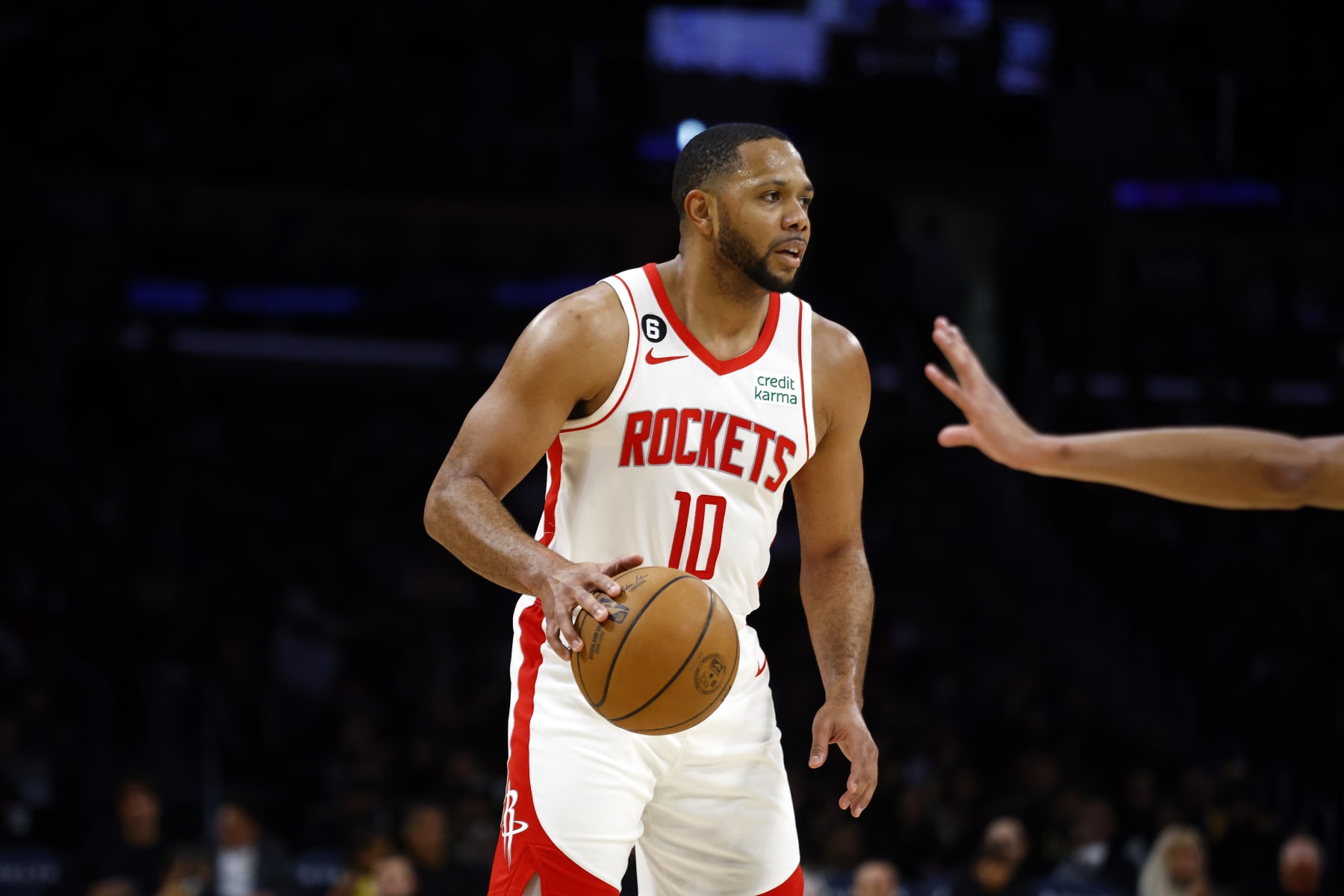 LOS ANGELES, CALIFORNIA - JANUARY 16:   Eric Gordon #10 of the Houston Rockets in the first half at Crypto.com Arena on January 16, 2023 in Los Angeles, California.  NOTE TO USER: User expressly acknowledges and agrees that, by downloading and/or using this photograph, user is consenting to the terms and conditions of the Getty Images License Agreement.  (Photo by Ronald Martinez/Getty Images)