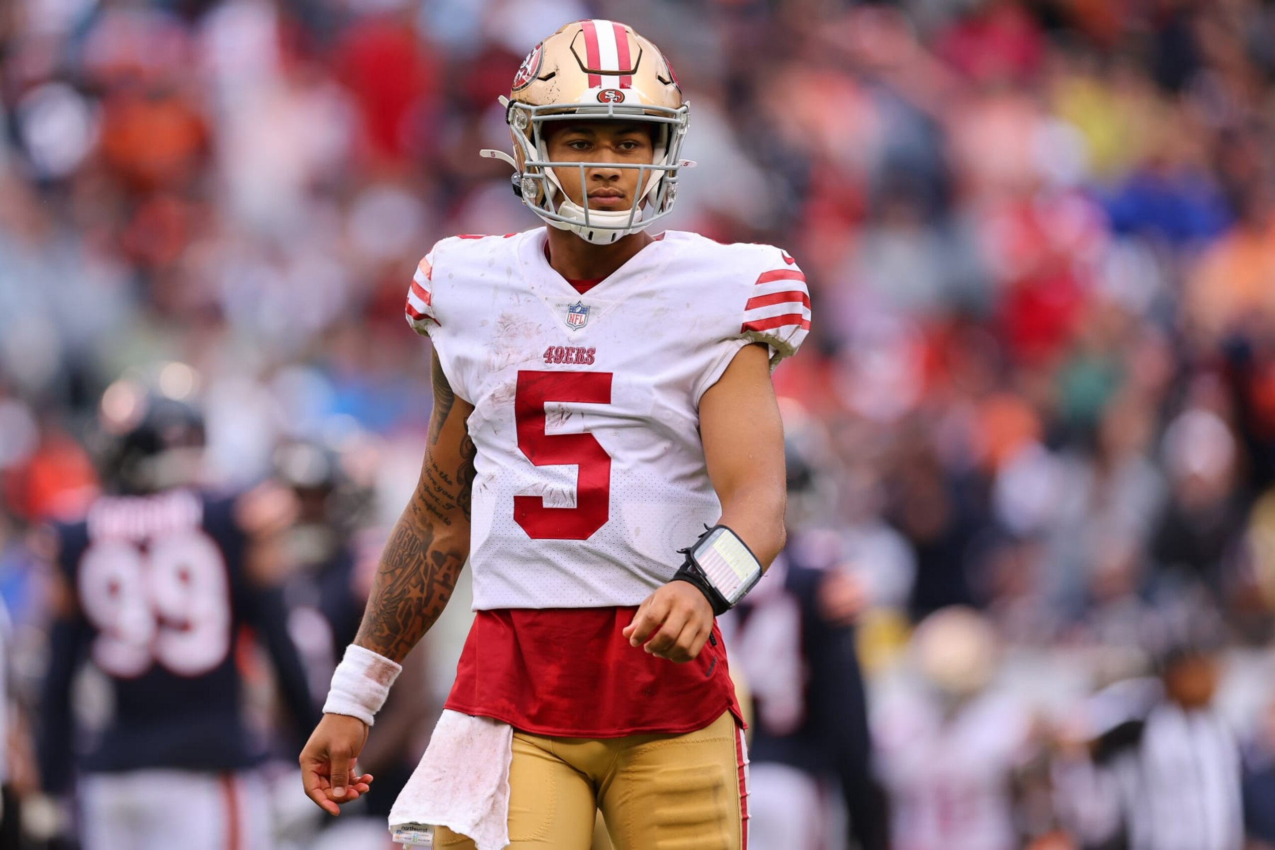 CHICAGO, ILLINOIS - SEPTEMBER 11: Trey Lance #5 of the San Francisco 49ers looks on against the Chicago Bears at Soldier Field on September 11, 2022 in Chicago, Illinois. (Photo by Michael Reaves/Getty Images)