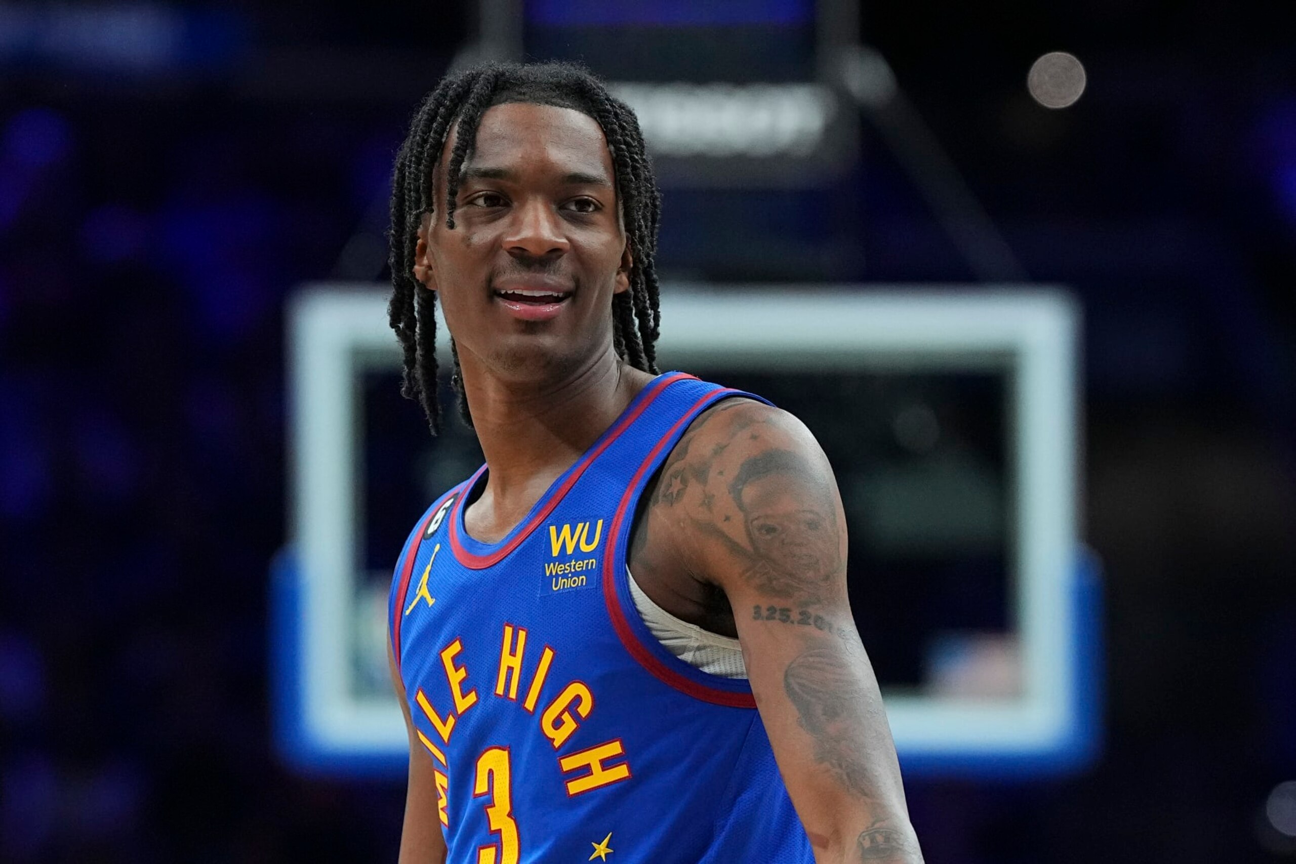 PHILADELPHIA, PA - JANUARY 28: Bones Hyland #3 of the Denver Nuggets looks on against the Philadelphia 76ers at the Wells Fargo Center on January 28, 2023 in Philadelphia, Pennsylvania. NOTE TO USER: User expressly acknowledges and agrees that, by downloading and or using this photograph, User is consenting to the terms and conditions of the Getty Images License Agreement. (Photo by Mitchell Leff/Getty Images)