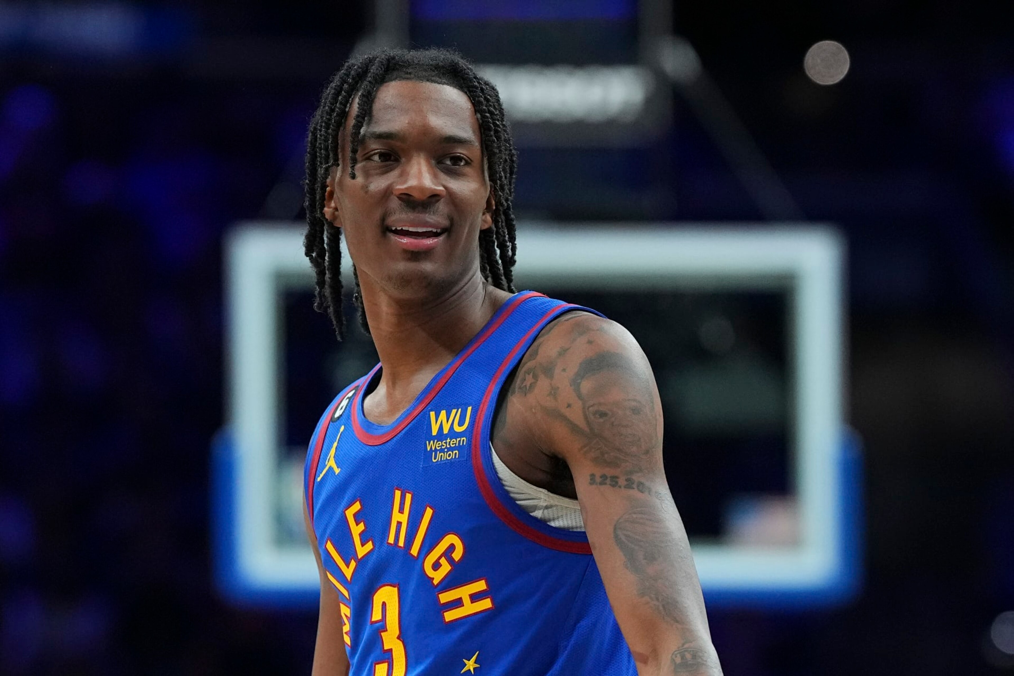 PHILADELPHIA, PA - JANUARY 28: Bones Hyland #3 of the Denver Nuggets looks on against the Philadelphia 76ers at the Wells Fargo Center on January 28, 2023 in Philadelphia, Pennsylvania. NOTE TO USER: User expressly acknowledges and agrees that, by downloading and or using this photograph, User is consenting to the terms and conditions of the Getty Images License Agreement. (Photo by Mitchell Leff/Getty Images)