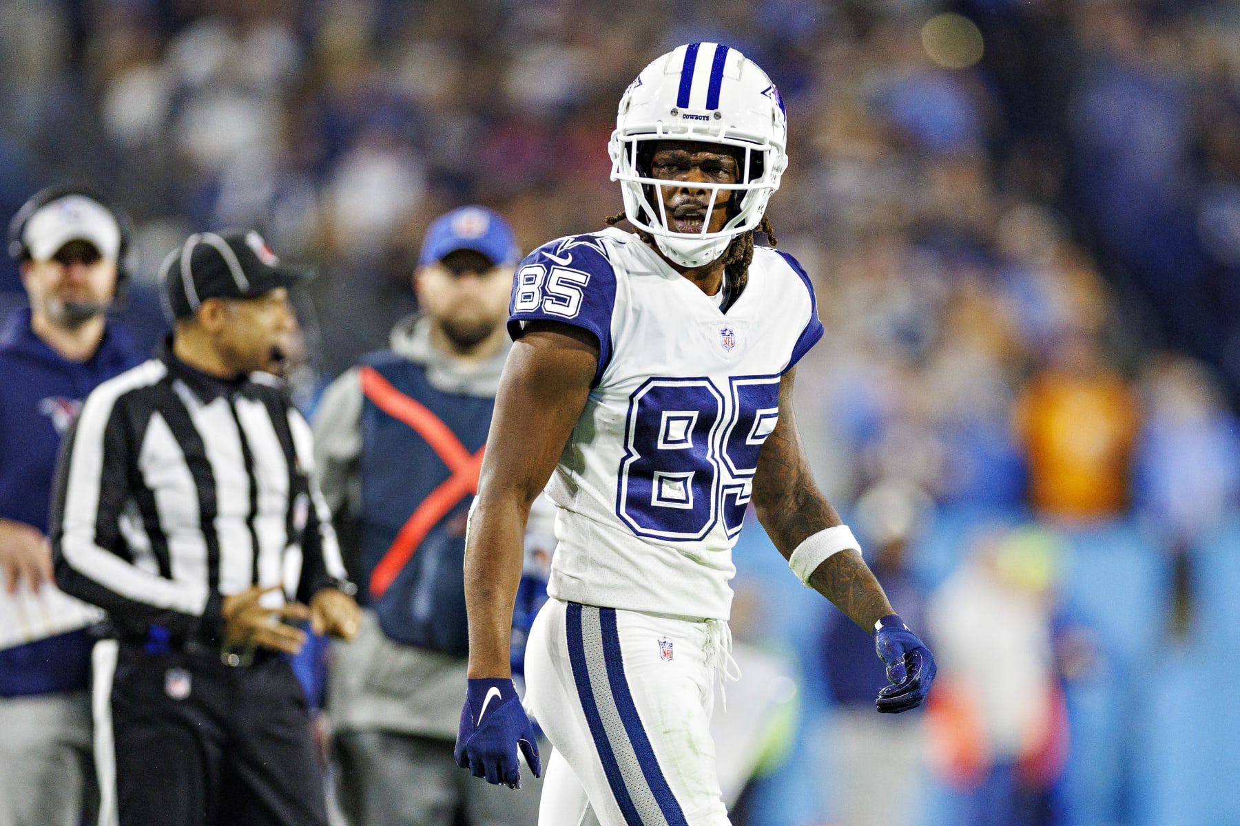 NASHVILLE, TENNESSEE - DECEMBER 29:  Noah Brown #85 of the Dallas Cowboys shows his frustration during a game against the Tennessee Titans at Nissan Stadium on December 29, 2022 in Nashville, Tennessee. The Cowboys defeated the Titans 27-13. (Photo by Wesley Hitt/Getty Images)