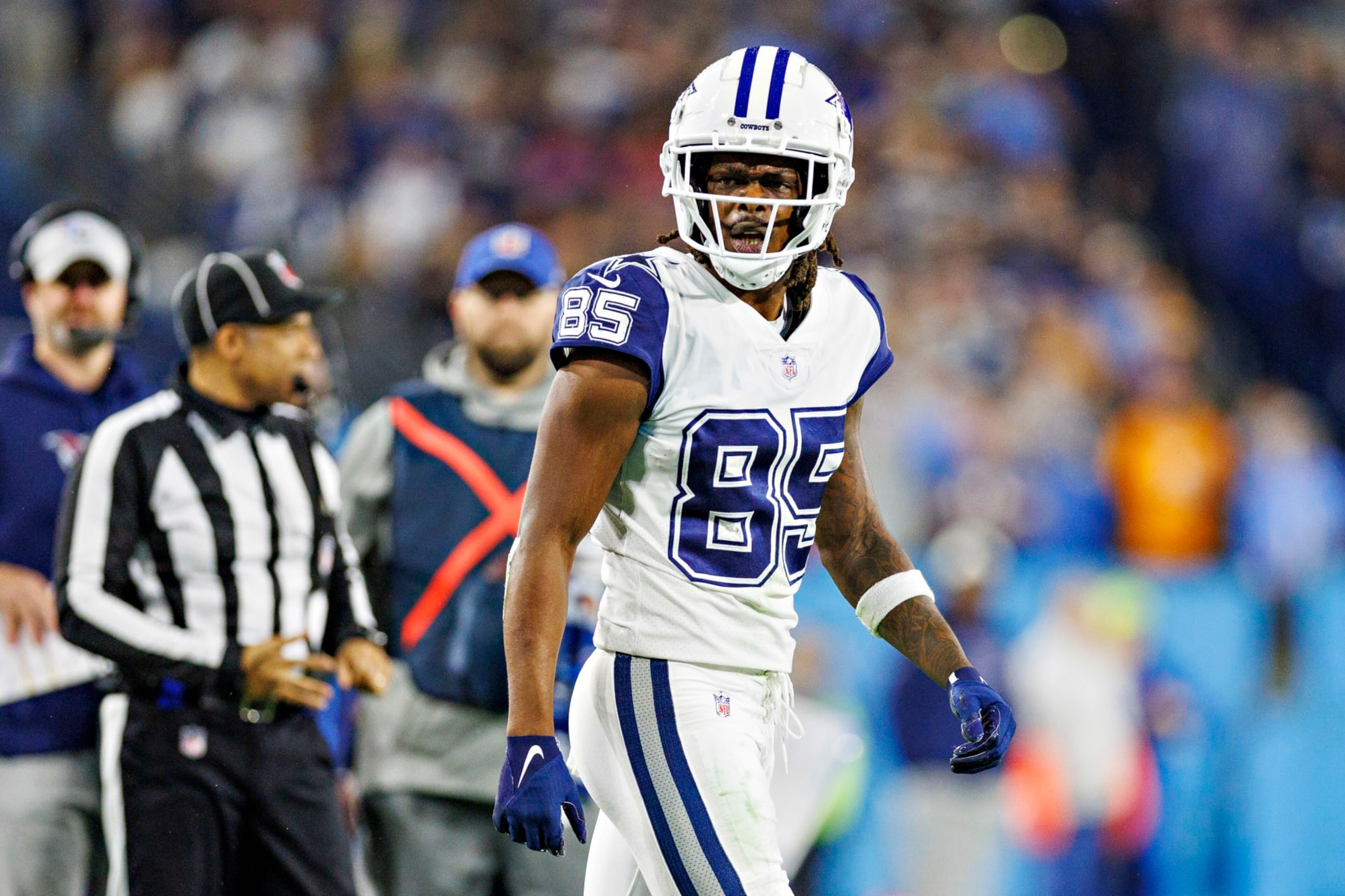 NASHVILLE, TENNESSEE - DECEMBER 29: Noah Brown #85 of the Dallas Cowboys shows his frustration during a game against the Tennessee Titans at Nissan Stadium on December 29, 2022 in Nashville, Tennessee. The Cowboys defeated the Titans 27-13. (Photo by Wesley Hitt/Getty Images) NASHVILLE, TENNESSEE - DECEMBER 29: Noah Brown #85 of the Dallas Cowboys shows his frustration during a game against the Tennessee Titans at Nissan Stadium on December 29, 2022 in Nashville, Tennessee. The Cowboys defeated the Titans 27-13. (Photo by Wesley Hitt/Getty Images)