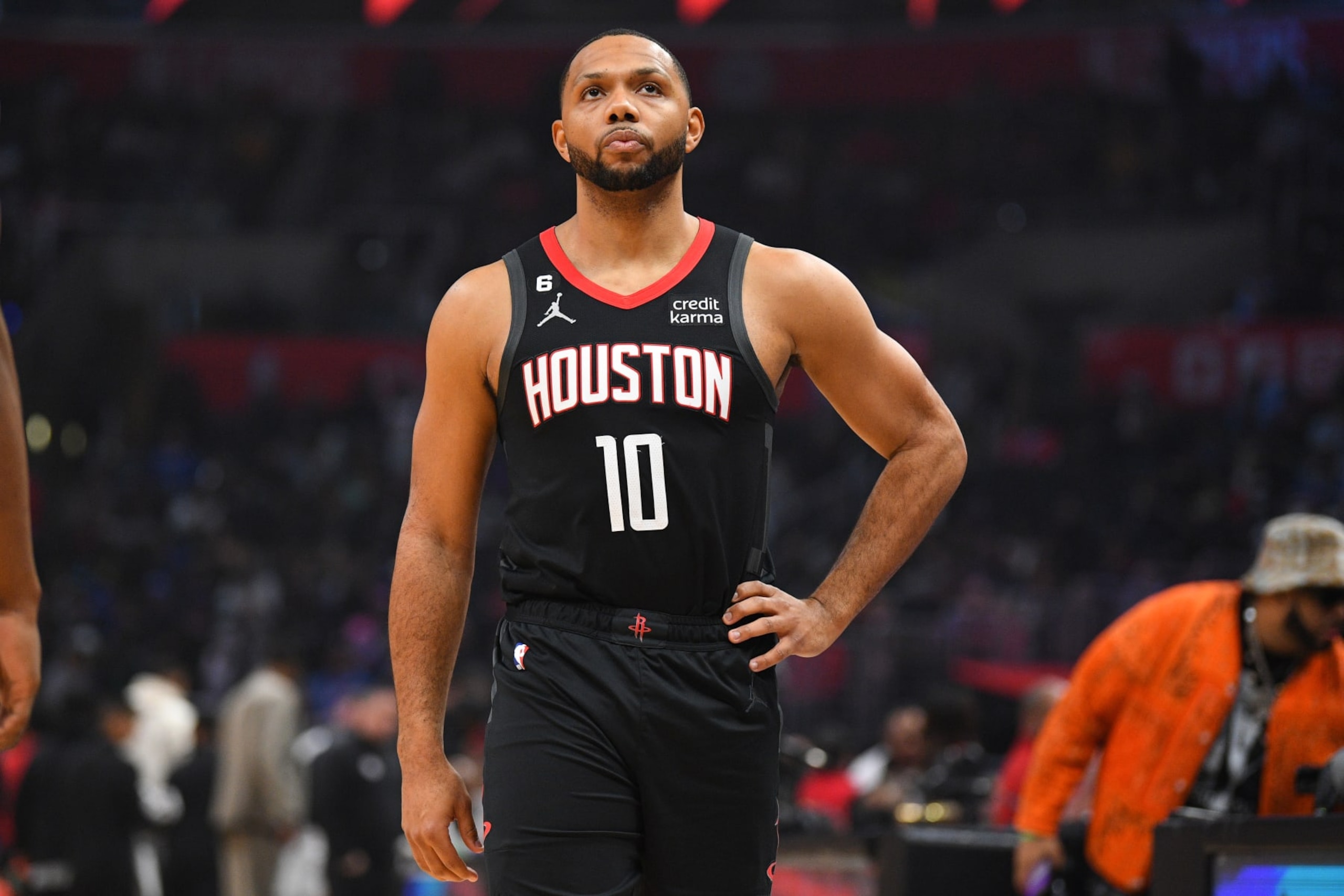 LOS ANGELES, CA - JANUARY 15: Houston Rockets Forward Eric Gordon (10) looks on during a NBA game between the Houston Rockets and the Los Angeles Clippers on January 15, 2023 at Crypto.com Arena in Los Angeles, CA. (Photo by Brian Rothmuller/Icon Sportswire via Getty Images)