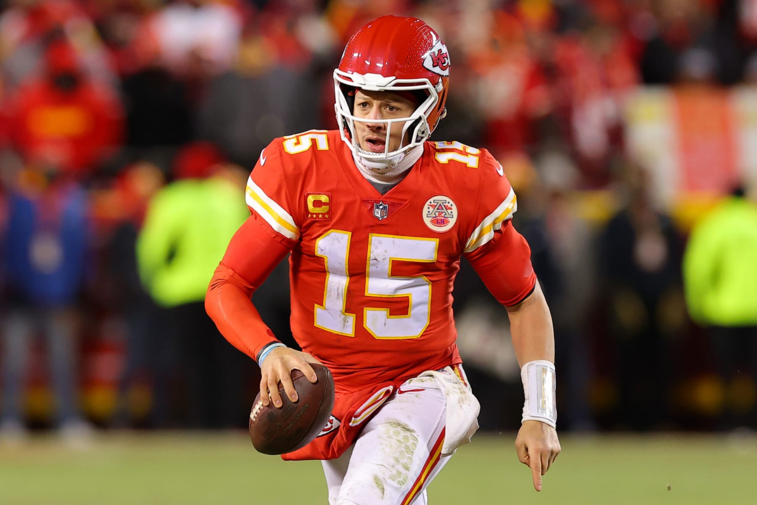 KANSAS CITY, MISSOURI - JANUARY 29: Patrick Mahomes #15 of the Kansas City Chiefs looks to pass against the Cincinnati Bengals during the fourth quarter in the AFC Championship Game at GEHA Field at Arrowhead Stadium on January 29, 2023 in Kansas City, Missouri. (Photo by Kevin C. Cox/Getty Images) KANSAS CITY, MISSOURI - JANUARY 29: Patrick Mahomes #15 of the Kansas City Chiefs looks to pass against the Cincinnati Bengals during the fourth quarter in the AFC Championship Game at GEHA Field at Arrowhead Stadium on January 29, 2023 in Kansas City, Missouri. (Photo by Kevin C. Cox/Getty Images)