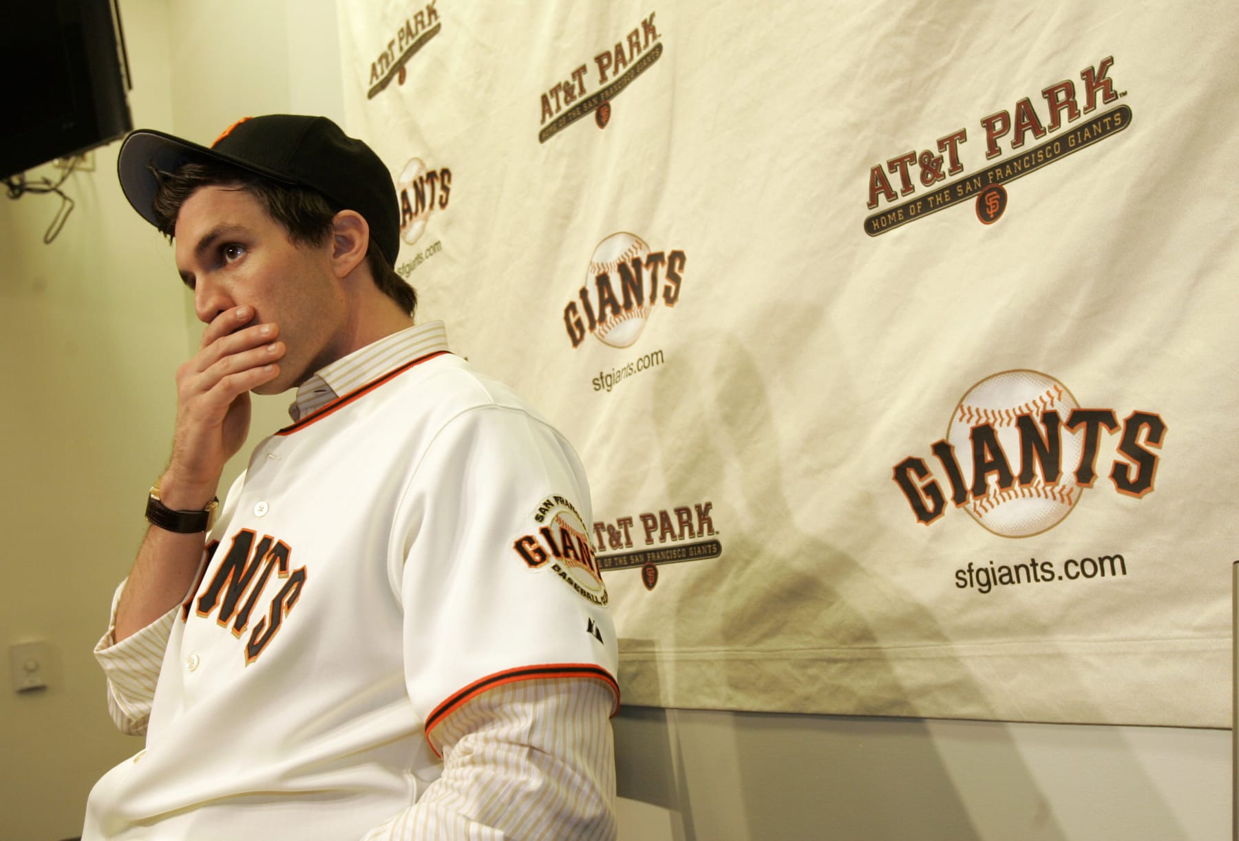 New San Francisco Giants pitcher Barry Zito waits for an interview after a news conference in San Francisco, Wednesday, Jan. 3, 2007. (AP Photo/Jeff Chiu)