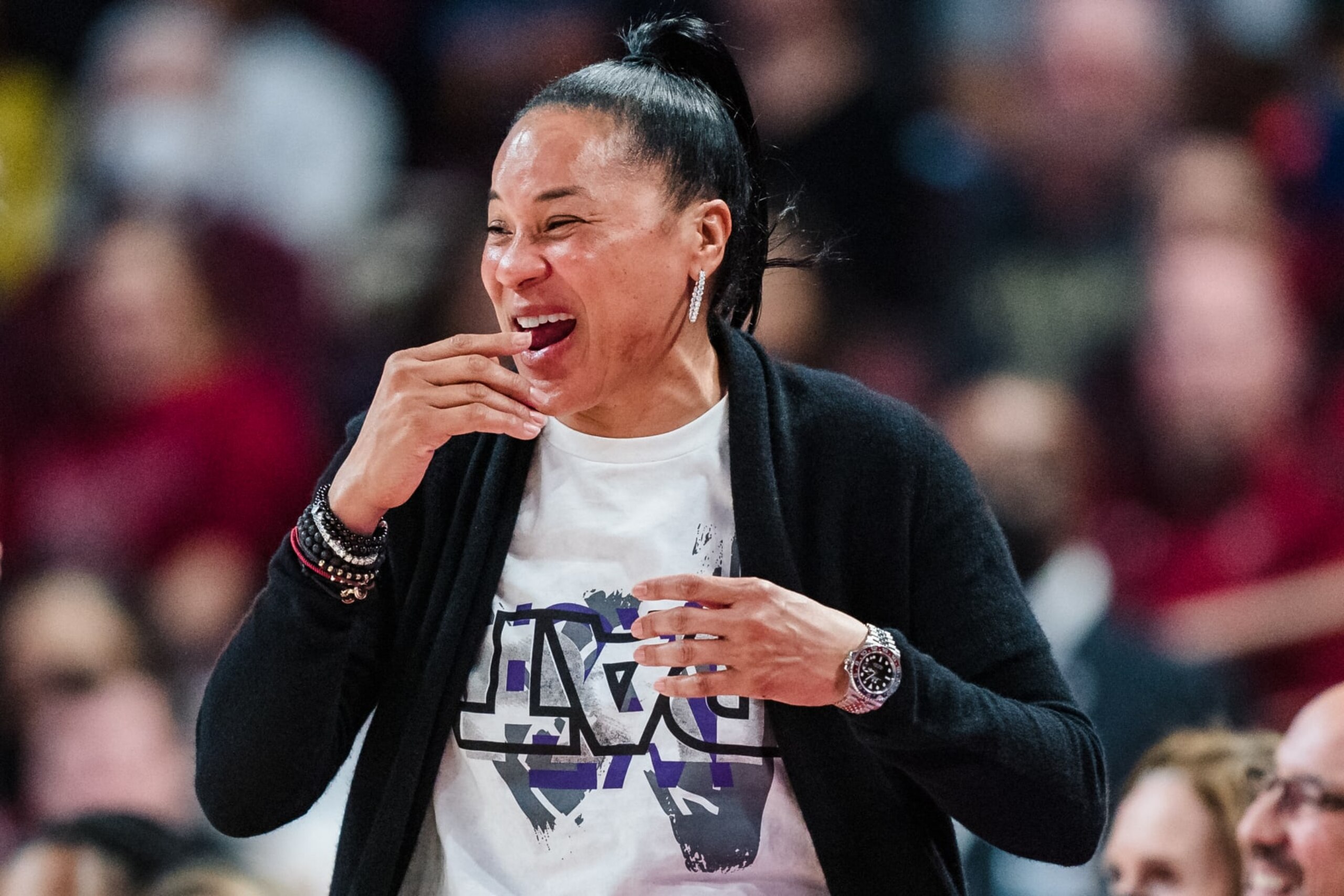COLUMBIA, SOUTH CAROLINA - JANUARY 22: Head coach Dawn Staley of the South Carolina Gamecocks looks on in the first quarter during their game against the Arkansas Razorbacks at Colonial Life Arena on January 22, 2023 in Columbia, South Carolina. (Photo by Jacob Kupferman/Getty Images)