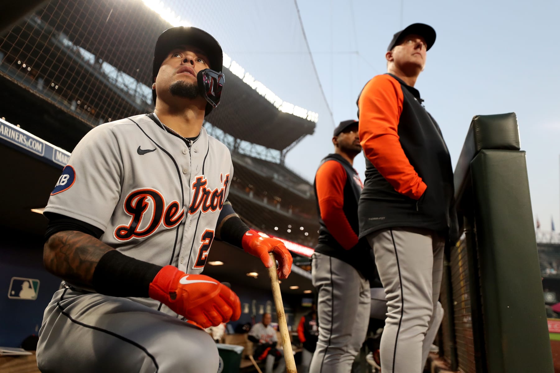 SEATTLE, WASHINGTON - OCTOBER 03: Javier Baez #28 of the Detroit Tigers looks on during the first inning against the Seattle Mariners at T-Mobile Park on October 03, 2022 in Seattle, Washington. (Photo by Steph Chambers/Getty Images)
