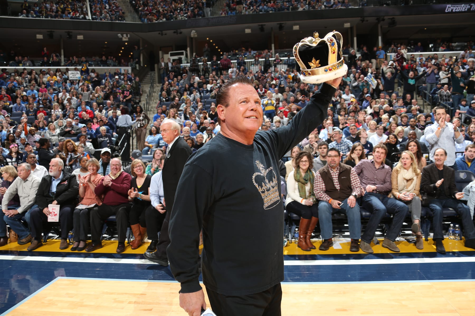 MEMPHIS, TN - JANUARY 31:  WWE announcer Jerry "The King" Lawler attends the game between the Oklahoma City Thunder and Memphis Grizzlies on January 31, 2015 at the FedExForum in Memphis, Tennessee.  NOTE TO USER: User expressly acknowledges and agrees that, by downloading and or using this Photograph, user is consenting to the terms and conditions of the Getty Images License Agreement. Mandatory Copyright Notice: Copyright 2015 NBAE (Photo by Joe Murphy/NBAE via Getty Images)