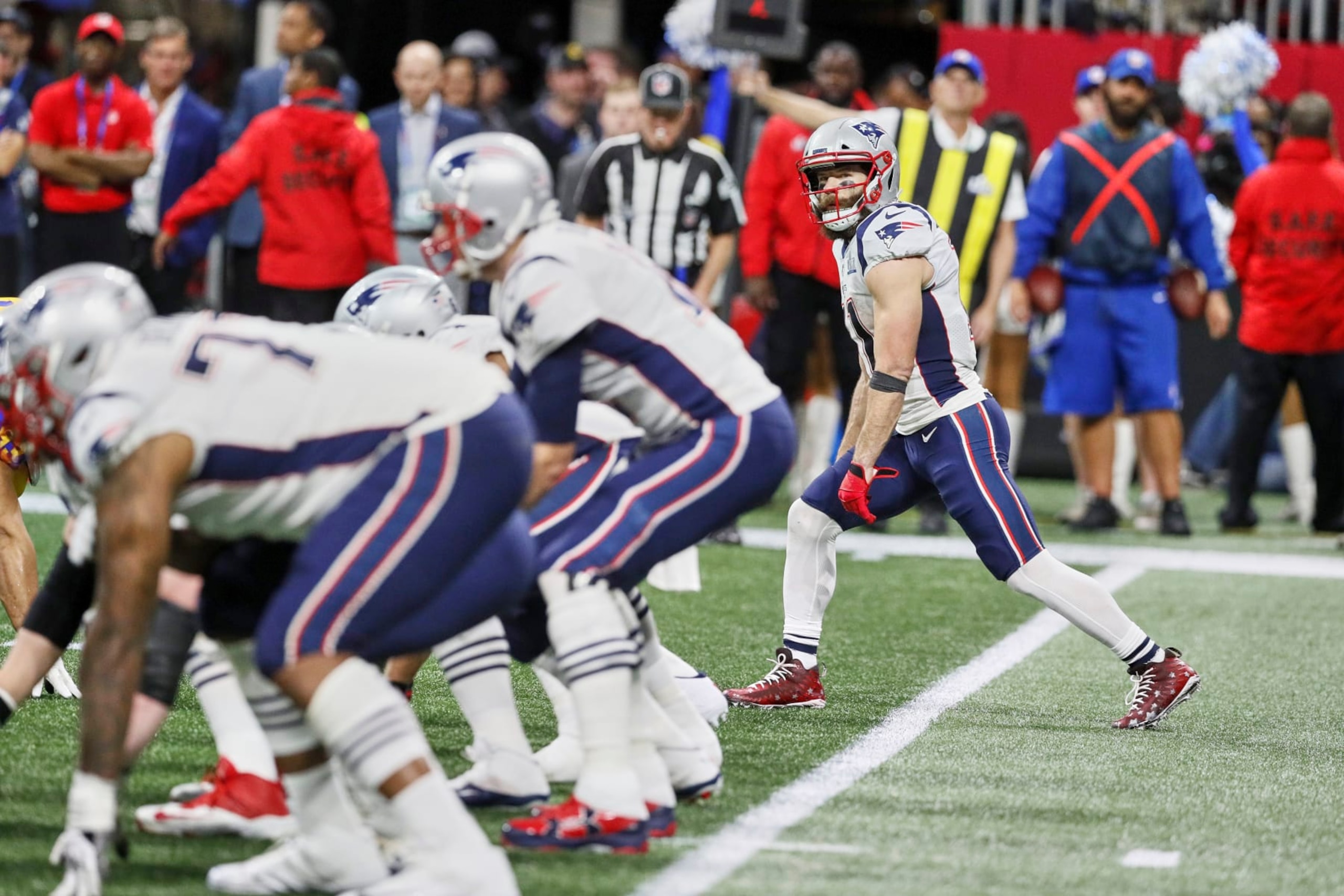 Football: Super Bowl LIII: New England Patriots Julian Edelman (11) at line of scrimmage vs Los Angeles Rams at Mercedes-Benz Stadium.
Atlanta, GA 2/3/2019
CREDIT: David E. Klutho (Photo by David E. Klutho /Sports Illustrated via Getty Images)
(Set Number: X162458 TK1 )