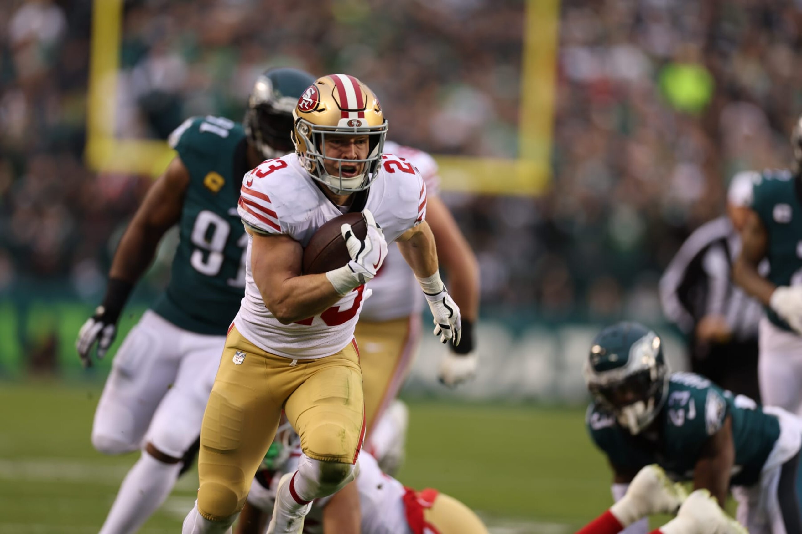 Football: NFC Championship: San Francisco 49ers Christian McCaffrey (23) in action, runs the football vs Philadelphia Eagles at Lincoln Financial Stadium. 
Philadelphia, PA 1/29/2023 
CREDIT: Simon Bruty (Photo by Simon Bruty/Sports Illustrated via Getty Images) 
(Set Number: X164295 TK1)