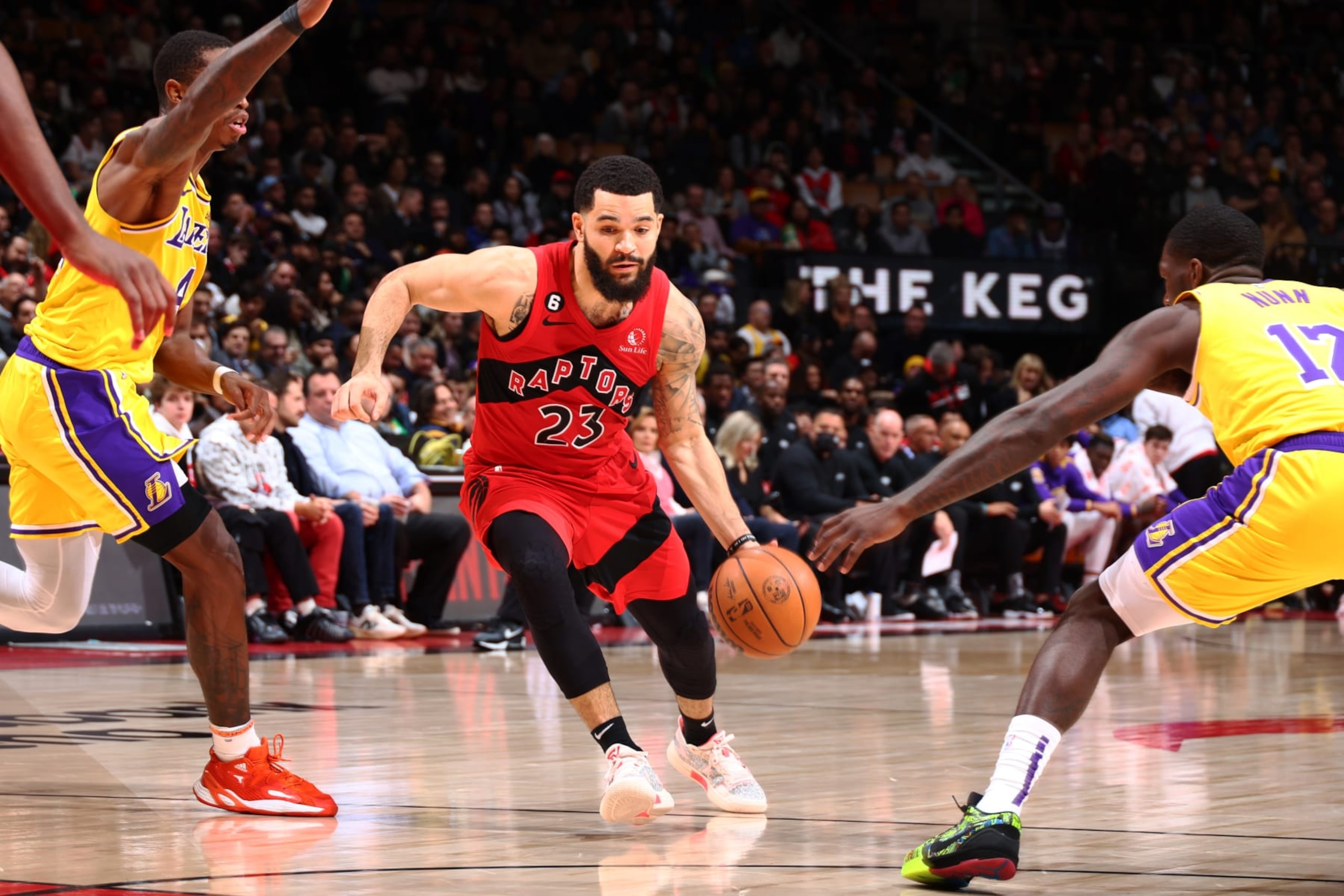 TORONTO, CANADA - DECEMBER 7: Fred VanVleet #23 of the Toronto Raptors drives to the basket against the Los Angeles Lakers on December 7, 2022 at the Scotiabank Arena in Toronto, Ontario, Canada.  NOTE TO USER: User expressly acknowledges and agrees that, by downloading and or using this Photograph, user is consenting to the terms and conditions of the Getty Images License Agreement.  Mandatory Copyright Notice: Copyright 2022 NBAE (Photo by Vaughn Ridley/NBAE via Getty Images)