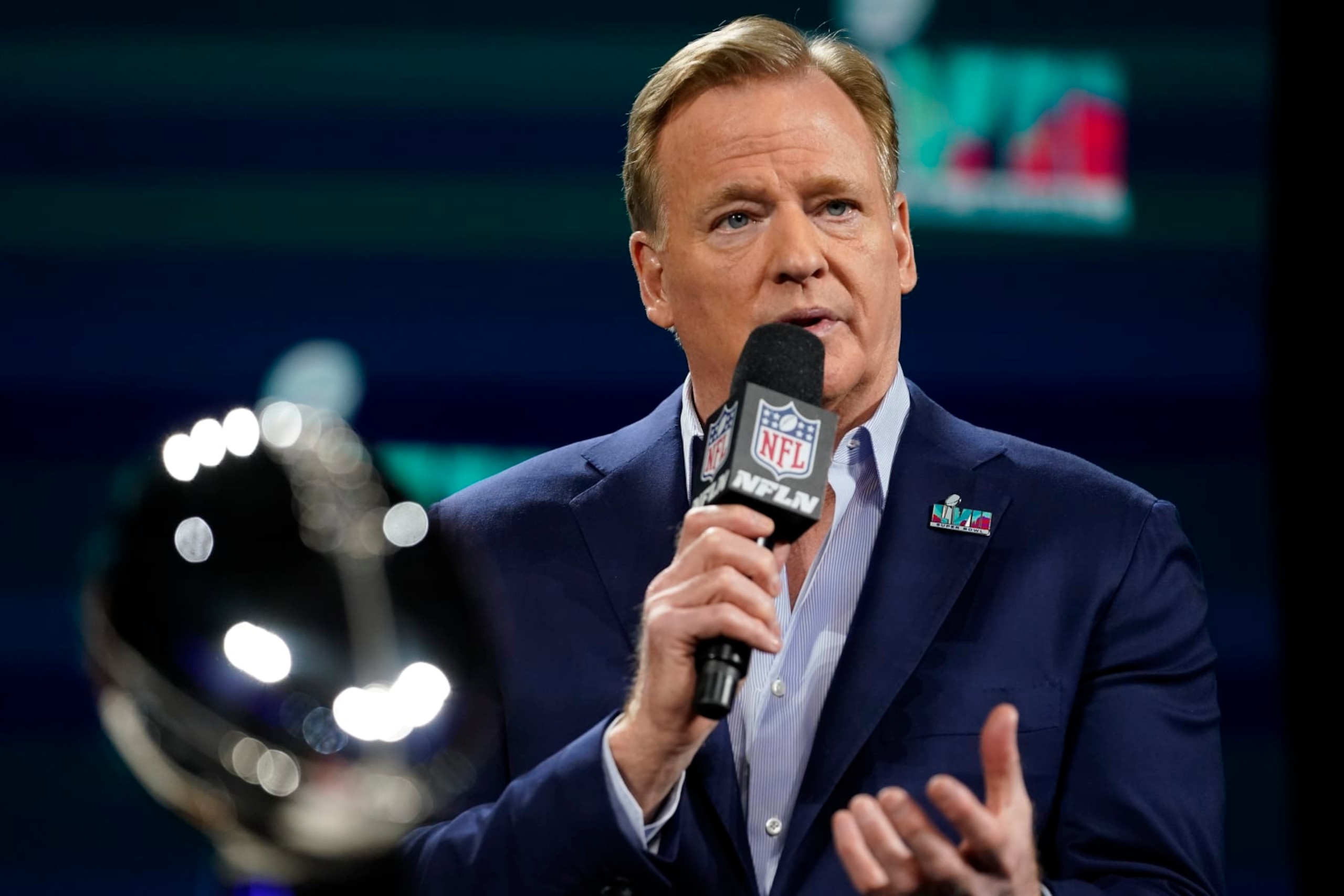 NFL Commissioner Roger Goodell speaks during a news conference ahead of the Super Bowl 57 NFL football game, Wednesday, Feb. 8, 2023, in Phoenix. The Kansas City Chiefs will play the Philadelphia Eagles on Sunday. (AP Photo/Mike Stewart)