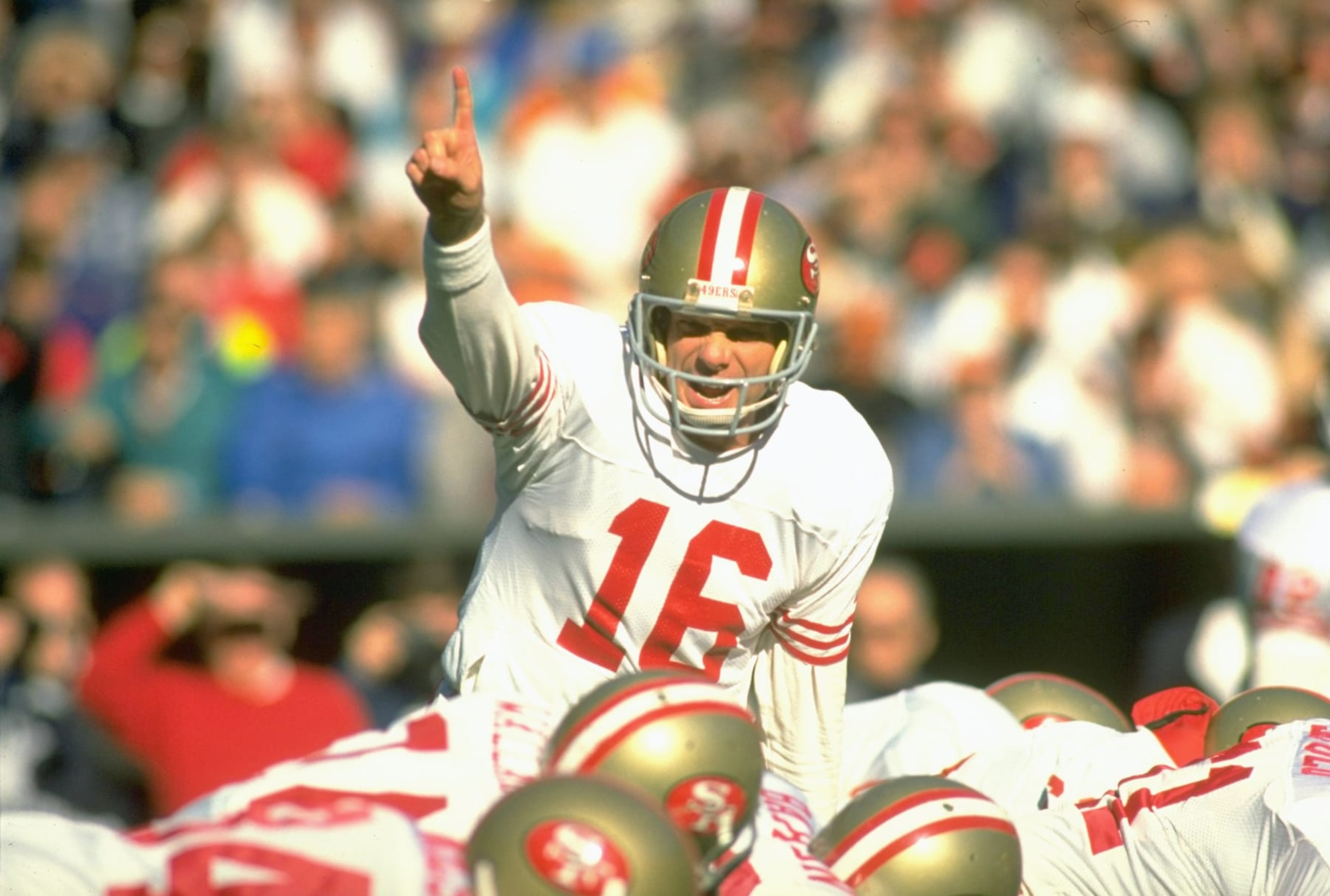 Football: San Francisco 49ers QB Joe Montana (16) calling signals before snap during game vs Cincinnati Bengals. Cincinnati, OH 12/9/1990 CREDIT: Peter Read Miller (Photo by Peter Read Miller /Sports Illustrated via Getty Images) (Set Number: X40780 )