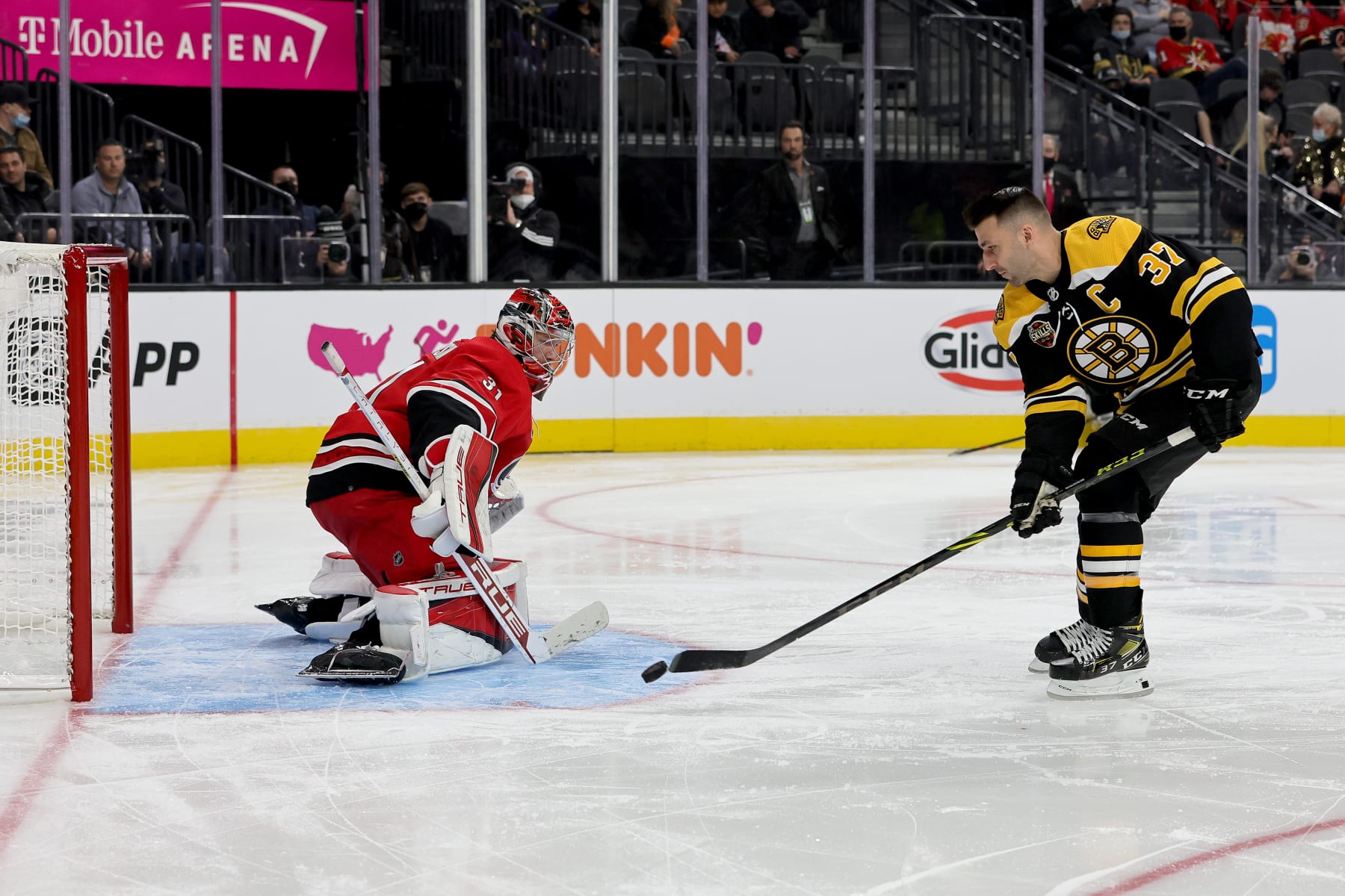 Frederik Andersen (left) and Patrice Bergeron (right)