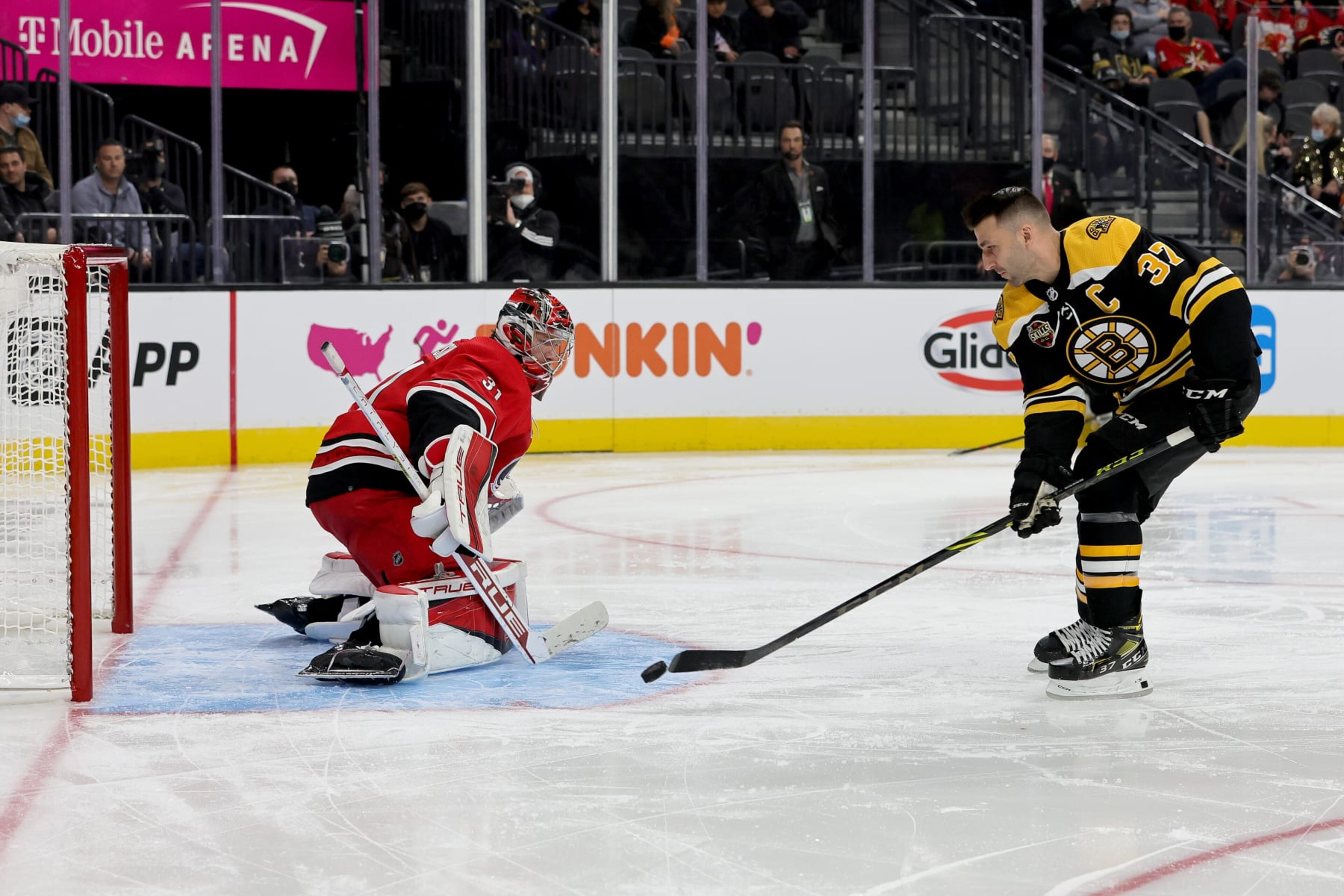 Frederik Andersen (left) and Patrice Bergeron (right)