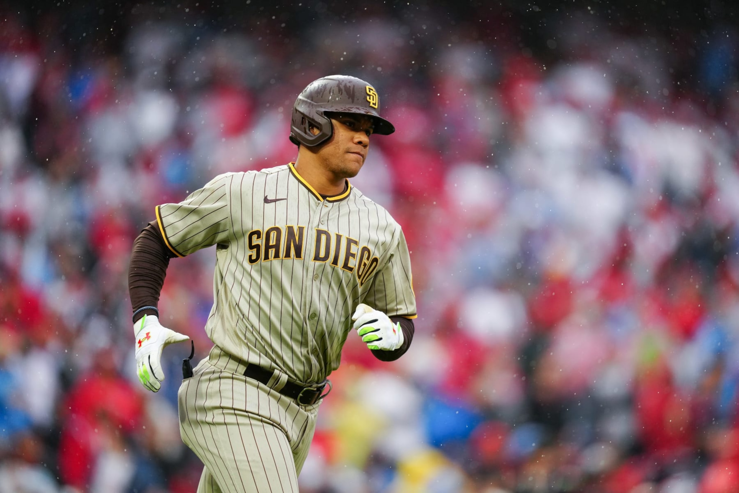 PHILADELPHIA, PA - OCTOBER 23:   Juan Soto #22 of the San Diego Padres rounds the bases after hitting a home run in the fourth inning during Game 5 of the NLCS between the San Diego Padres and the Philadelphia Phillies at Citizens Bank Park on Sunday, October 23, 2022 in Philadelphia, Pennsylvania. (Photo by Daniel Shirey/MLB Photos via Getty Images)