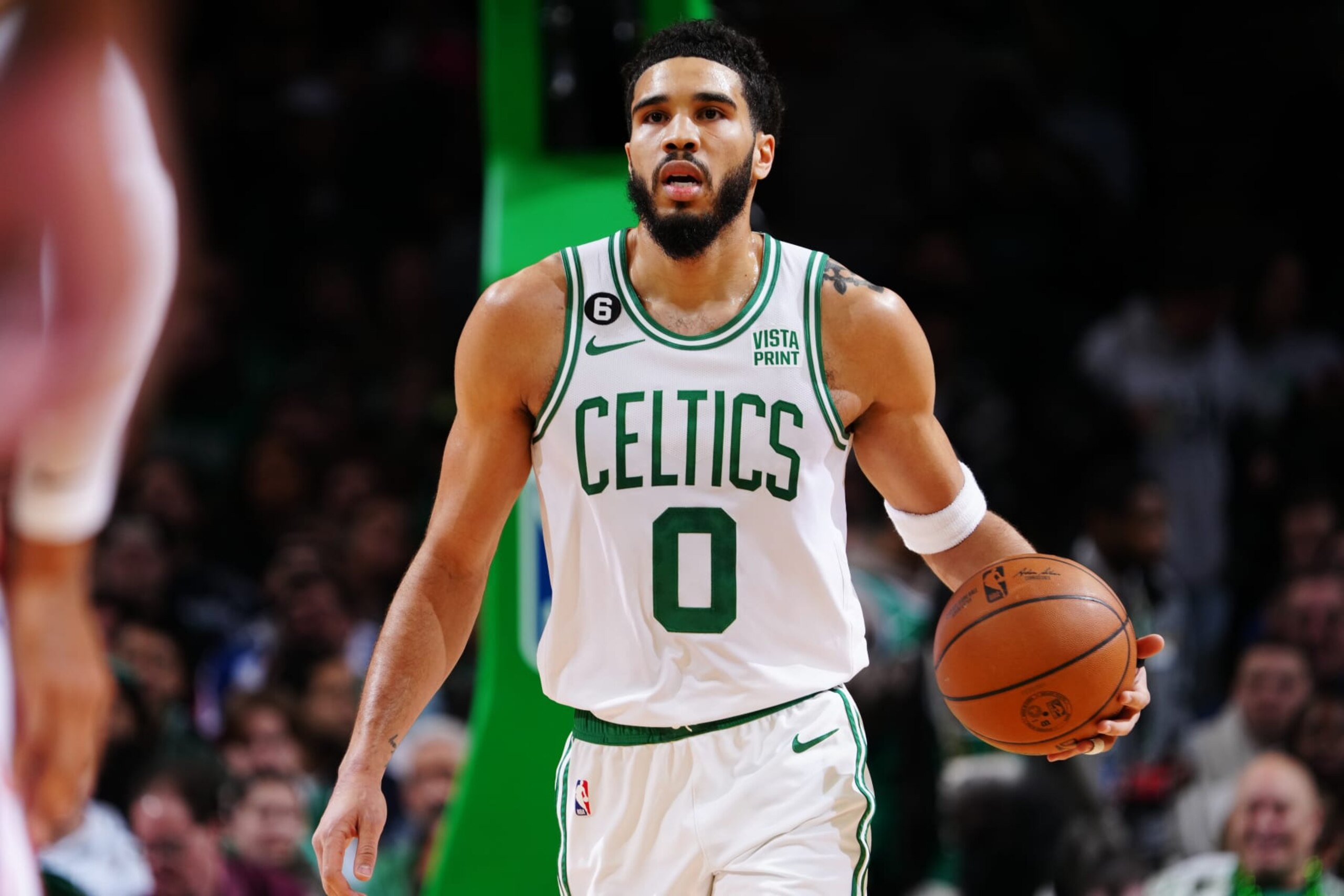 BOSTON, MA - FEBRUARY 8: Jayson Tatum #0 of the Boston Celtics dribbles the ball during the game against the Philadelphia 76ers on February 8, 2023 at the TD Garden in Boston, Massachusetts. NOTE TO USER: User expressly acknowledges and agrees that, by downloading and or using this photograph, User is consenting to the terms and conditions of the Getty Images License Agreement. Mandatory Copyright Notice: Copyright 2023 NBAE  (Photo by Brian Babineau/NBAE via Getty Images)