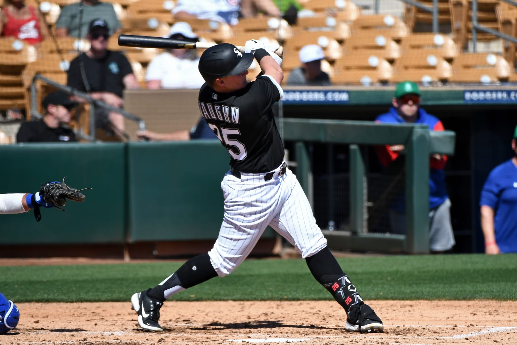 GLENDALE, AZ - MARCH 17, 2022: Andrew Vaughn #25 of the Chicago White Sox bats during the second inning of an MLB spring training game against the Chicago Cubs at Camelback Ranch on March 17, 2022 in Glendale, Arizona. (Photo by Chris Bernacchi/Diamond Images/Getty Images)