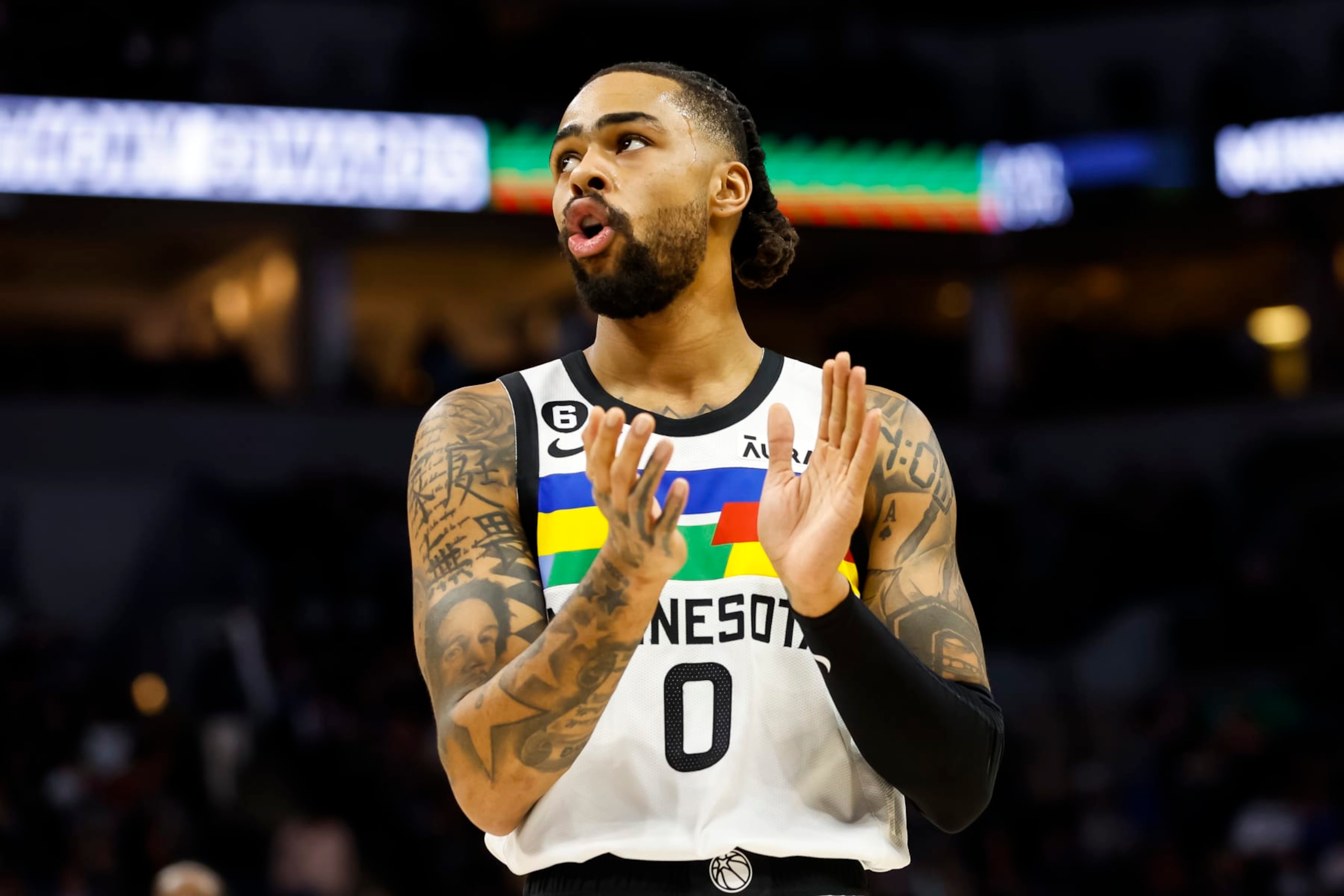 MINNEAPOLIS, MN - FEBRUARY 03: D'Angelo Russell #0 of the Minnesota Timberwolves looks on against the Orlando Magic in the first quarter of the game at Target Center on February 03, 2023 in Minneapolis, Minnesota. NOTE TO USER: User expressly acknowledges and agrees that, by downloading and or using this Photograph, user is consenting to the terms and conditions of the Getty Images License Agreement. (Photo by David Berding/Getty Images)