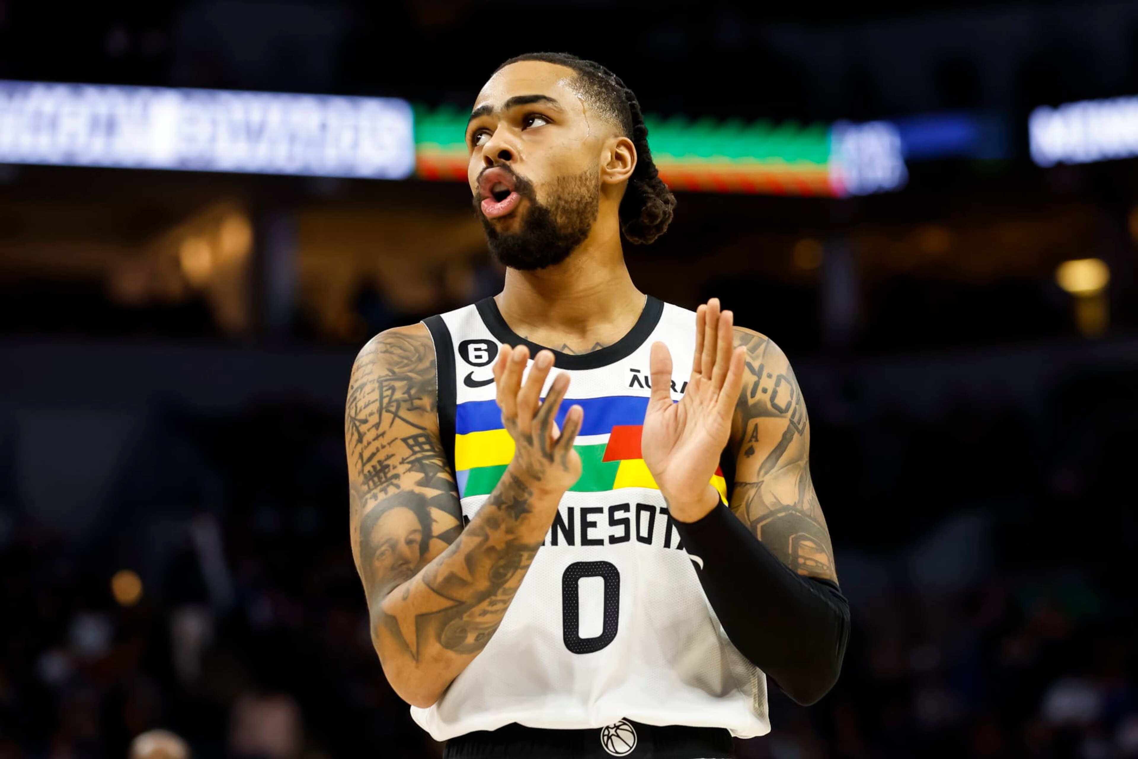 MINNEAPOLIS, MN - FEBRUARY 03: D'Angelo Russell #0 of the Minnesota Timberwolves looks on against the Orlando Magic in the first quarter of the game at Target Center on February 03, 2023 in Minneapolis, Minnesota. NOTE TO USER: User expressly acknowledges and agrees that, by downloading and or using this Photograph, user is consenting to the terms and conditions of the Getty Images License Agreement. (Photo by David Berding/Getty Images) MINNEAPOLIS, MN - FEBRUARY 03: D'Angelo Russell #0 of the Minnesota Timberwolves looks on against the Orlando Magic in the first quarter of the game at Target Center on February 03, 2023 in Minneapolis, Minnesota. NOTE TO USER: User expressly acknowledges and agrees that, by downloading and or using this Photograph, user is consenting to the terms and conditions of the Getty Images License Agreement. (Photo by David Berding/Getty Images)