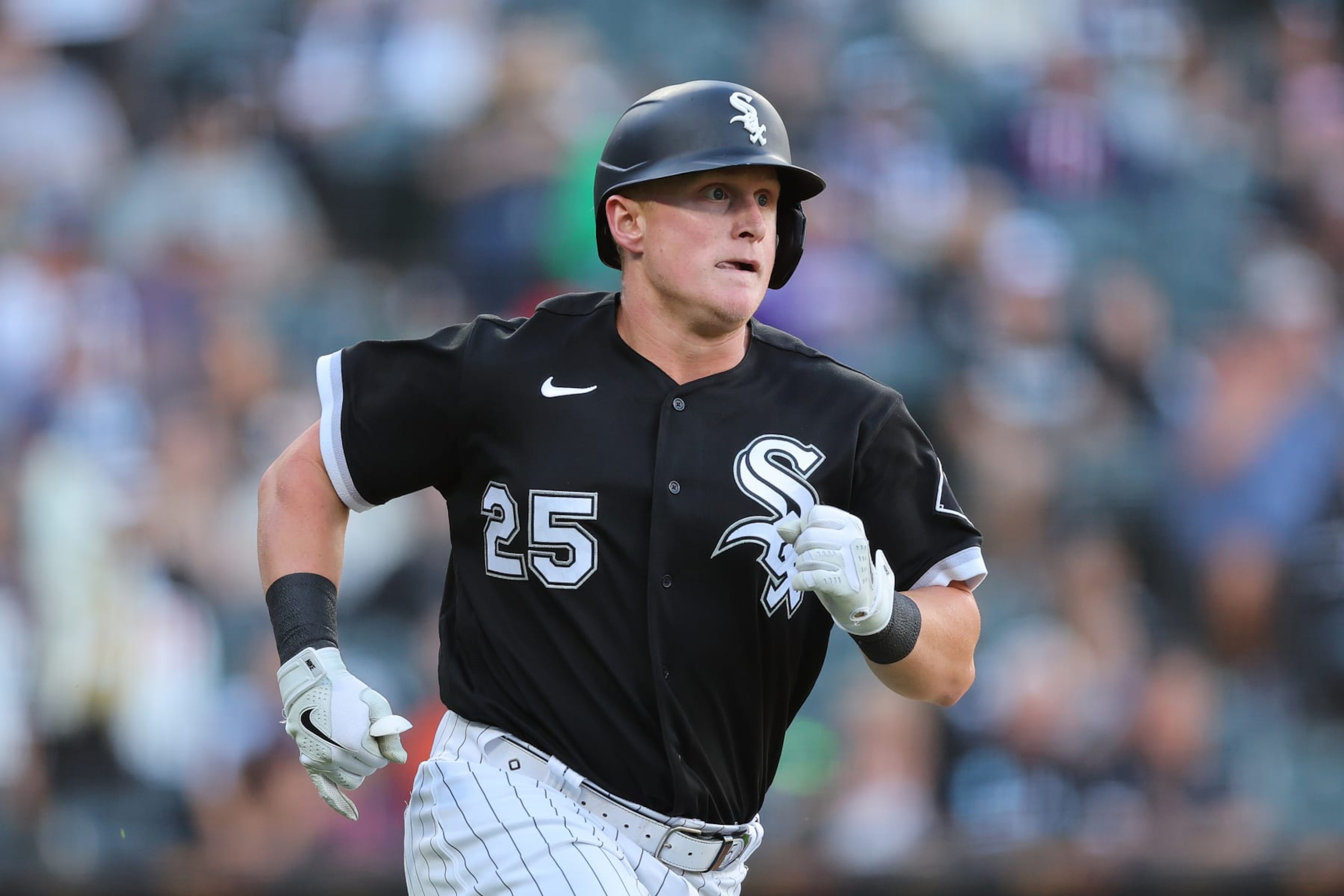 CHICAGO, ILLINOIS - OCTOBER 05: Andrew Vaughn #25 of the Chicago White Sox in action against the Minnesota Twins at Guaranteed Rate Field on October 05, 2022 in Chicago, Illinois. (Photo by Michael Reaves/Getty Images)