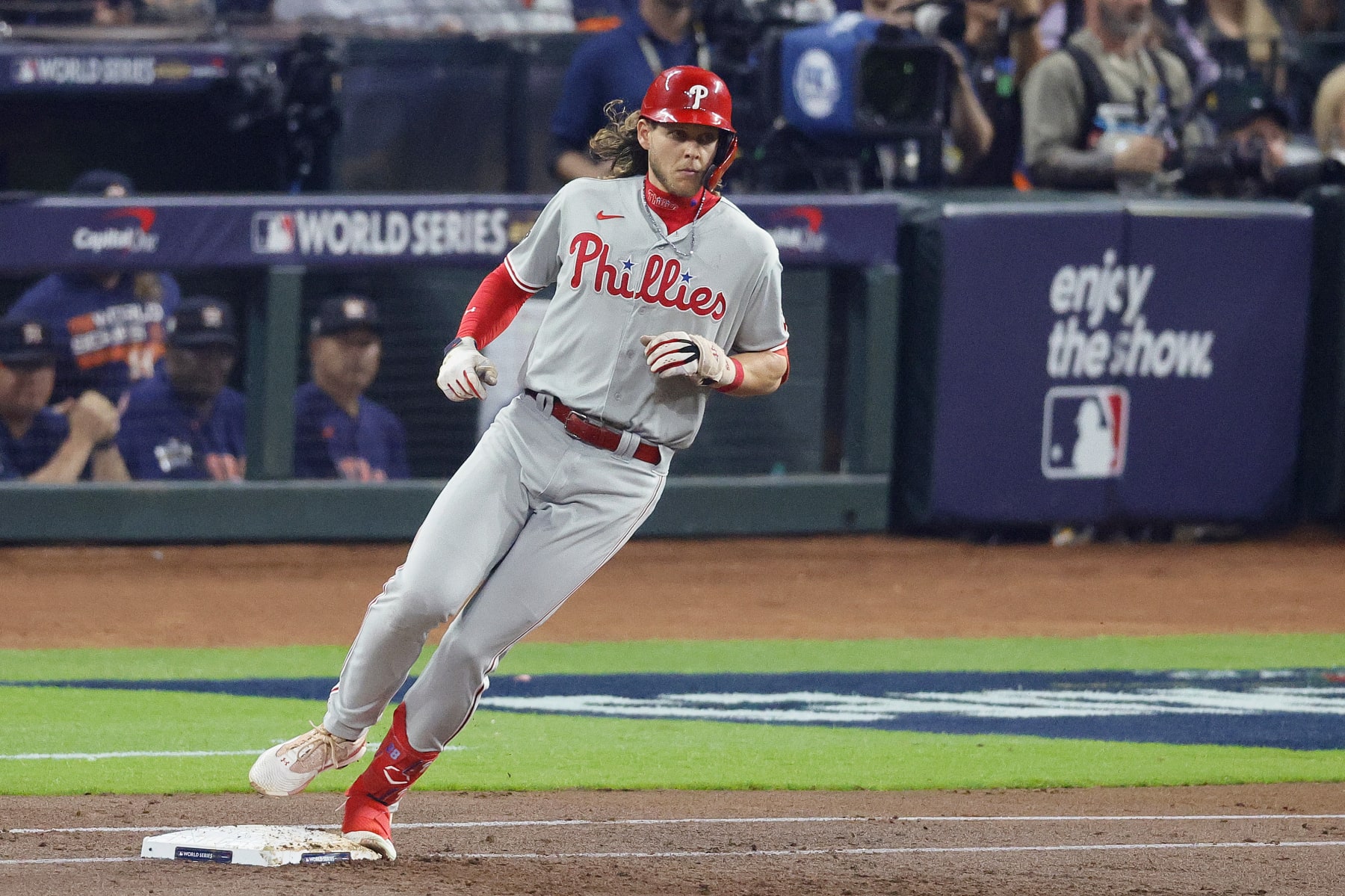 HOUSTON, TEXAS - NOVEMBER 05: Alec Bohm #28 of the Philadelphia Phillies hits a single against the Houston Astros during the second inning in Game Six of the 2022 World Series at Minute Maid Park on November 05, 2022 in Houston, Texas. (Photo by Bob Levey/Getty Images)