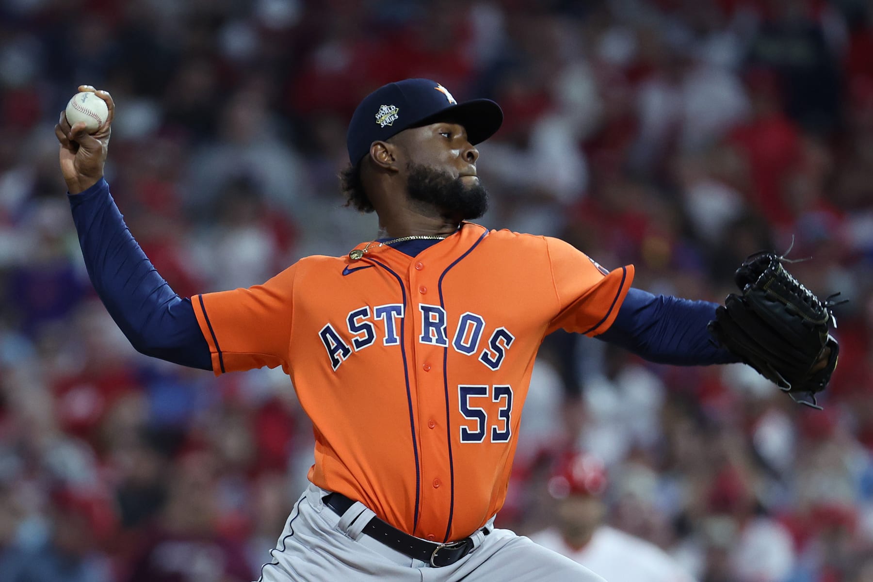 PHILADELPHIA, PENNSYLVANIA - NOVEMBER 02: Cristian Javier #53 of the Houston Astros delivers a pitch against the Philadelphia Phillies during the first inning in Game Four of the 2022 World Series at Citizens Bank Park on November 02, 2022 in Philadelphia, Pennsylvania. (Photo by Al Bello/Getty Images)