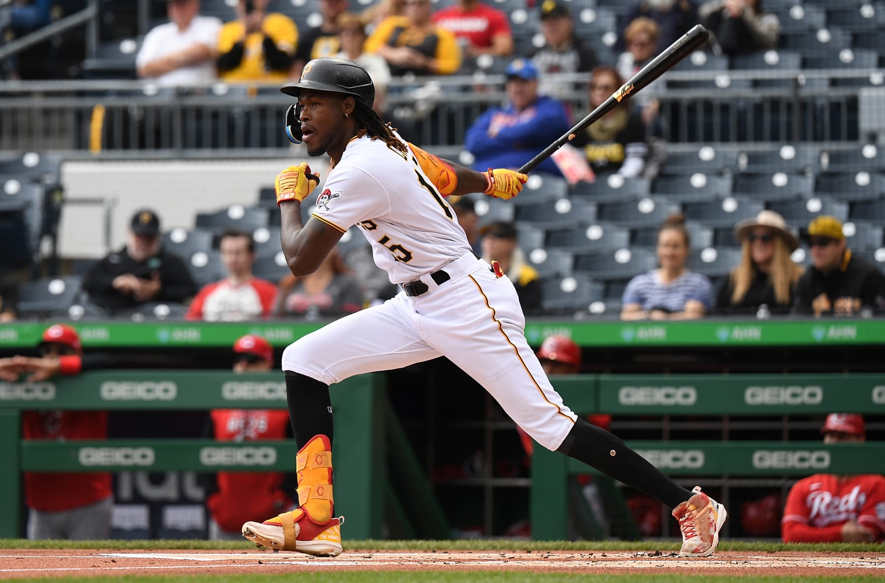 PITTSBURGH, PA - SEPTEMBER 28: Oneil Cruz #15 of the Pittsburgh Pirates singles in the first inning during the game against the Cincinnati Reds at PNC Park on September 28, 2022 in Pittsburgh, Pennsylvania. (Photo by Justin Berl/Getty Images)