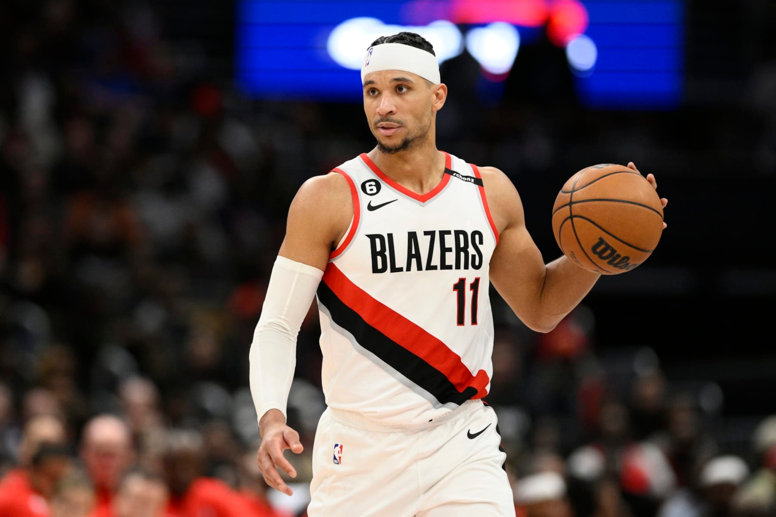 Portland Trail Blazers guard Josh Hart (11) in action during the second half of an NBA basketball game against the Washington Wizards, Friday, Feb. 3, 2023, in Washington. The Trail Blazers won 124-116. (AP Photo/Nick Wass)