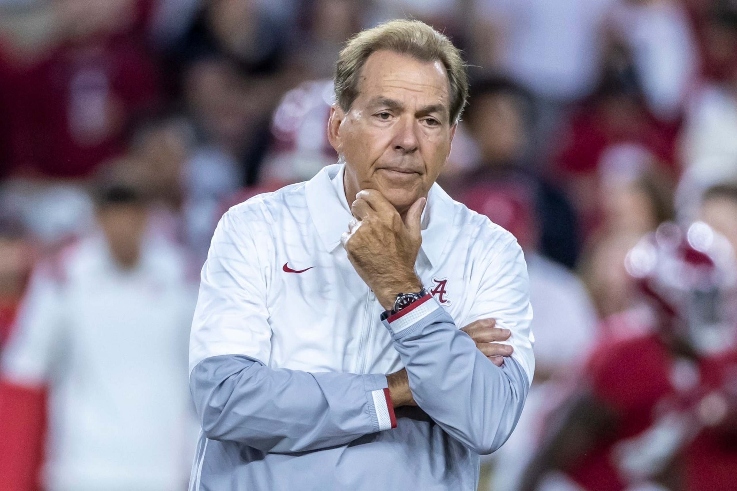 Alabama head coach Nick Saban watches warmups before an NCAA college football game against Texas A&M, Saturday, Oct. 8, 2022, in Tuscaloosa, Ala. (AP Photo/Vasha Hunt) Alabama head coach Nick Saban watches warmups before an NCAA college football game against Texas A&M, Saturday, Oct. 8, 2022, in Tuscaloosa, Ala. (AP Photo/Vasha Hunt)