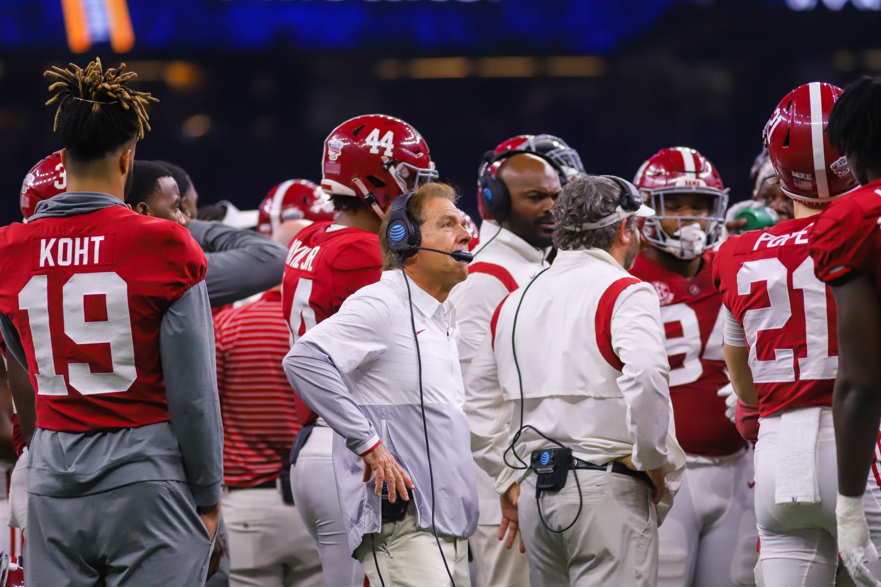 NEW ORLEANS, LA - DECEMBER 31: Alabama Crimson Tide head coach Nick Saban watches a replay during the Allstate Sugar Bowl between the Alabama Crimson Tide and the Kansas State Wildcats on December 31, 2022 at the Caesars Superdome in New Orleans, LA. (Photo by Chris McDill/Icon Sportswire via Getty Images)