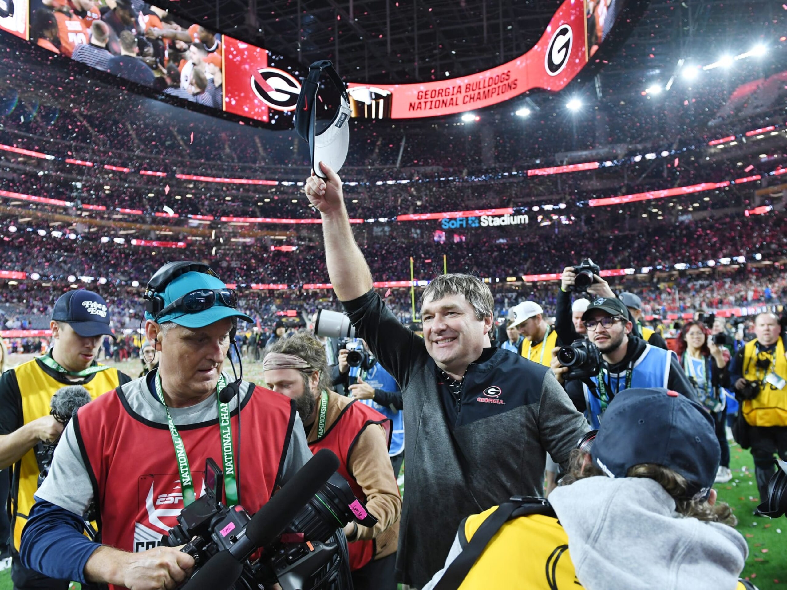 INGLEWOOD, CA - JANUARY 09: Georgia Bulldogs Head Coach Kirby Smart celebrates after the College Football Playoff National Championship game between the TCU Horned Frogs and the Georgia Bulldogs on January 09, 2023, at SoFi Stadium in Inglewood, CA. (Photo by Jeffrey Vest/Icon Sportswire via Getty Images) INGLEWOOD, CA - JANUARY 09: Georgia Bulldogs Head Coach Kirby Smart celebrates after the College Football Playoff National Championship game between the TCU Horned Frogs and the Georgia Bulldogs on January 09, 2023, at SoFi Stadium in Inglewood, CA. (Photo by Jeffrey Vest/Icon Sportswire via Getty Images)