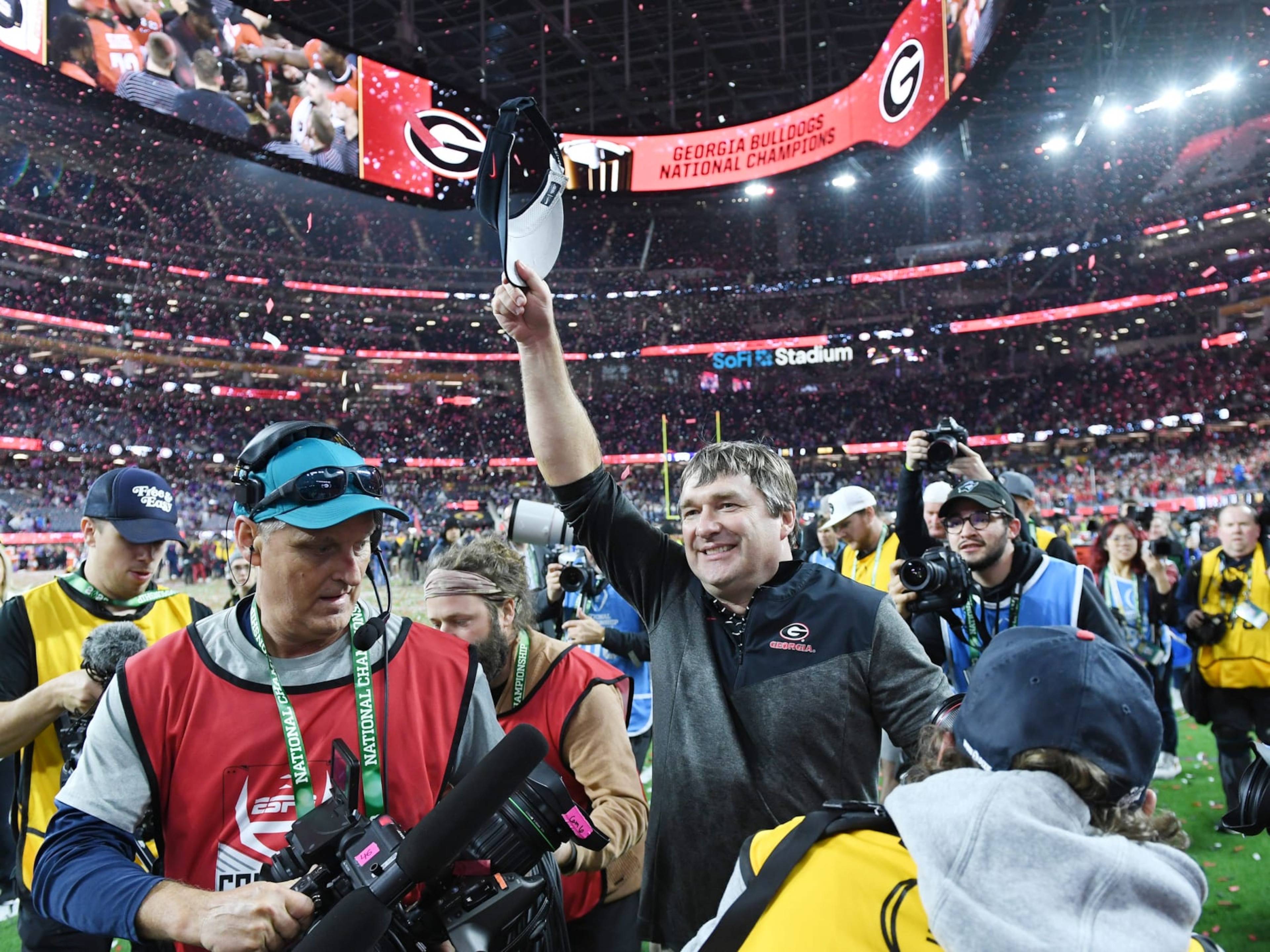 INGLEWOOD, CA - JANUARY 09: Georgia Bulldogs Head Coach Kirby Smart celebrates after the College Football Playoff National Championship game between the TCU Horned Frogs and the Georgia Bulldogs on January 09, 2023, at SoFi Stadium in Inglewood, CA. (Photo by Jeffrey Vest/Icon Sportswire via Getty Images)