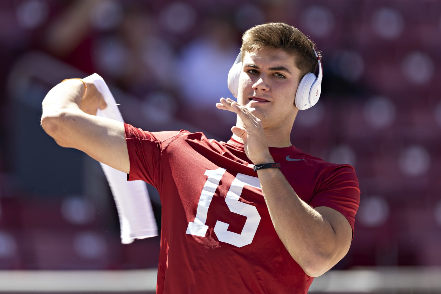 FAYETTEVILLE, ARKANSAS - OCTOBER 1: Ty Simpson #15 of the Alabama Crimson Tide warms up before a game against the Arkansas Razorbacks at Donald W. Reynolds Razorback Stadium on October 1, 2022 in Fayetteville, Arkansas. The Crimson Tide defeated the Razorbacks 49-26. (Photo by Wesley Hitt/Getty Images)