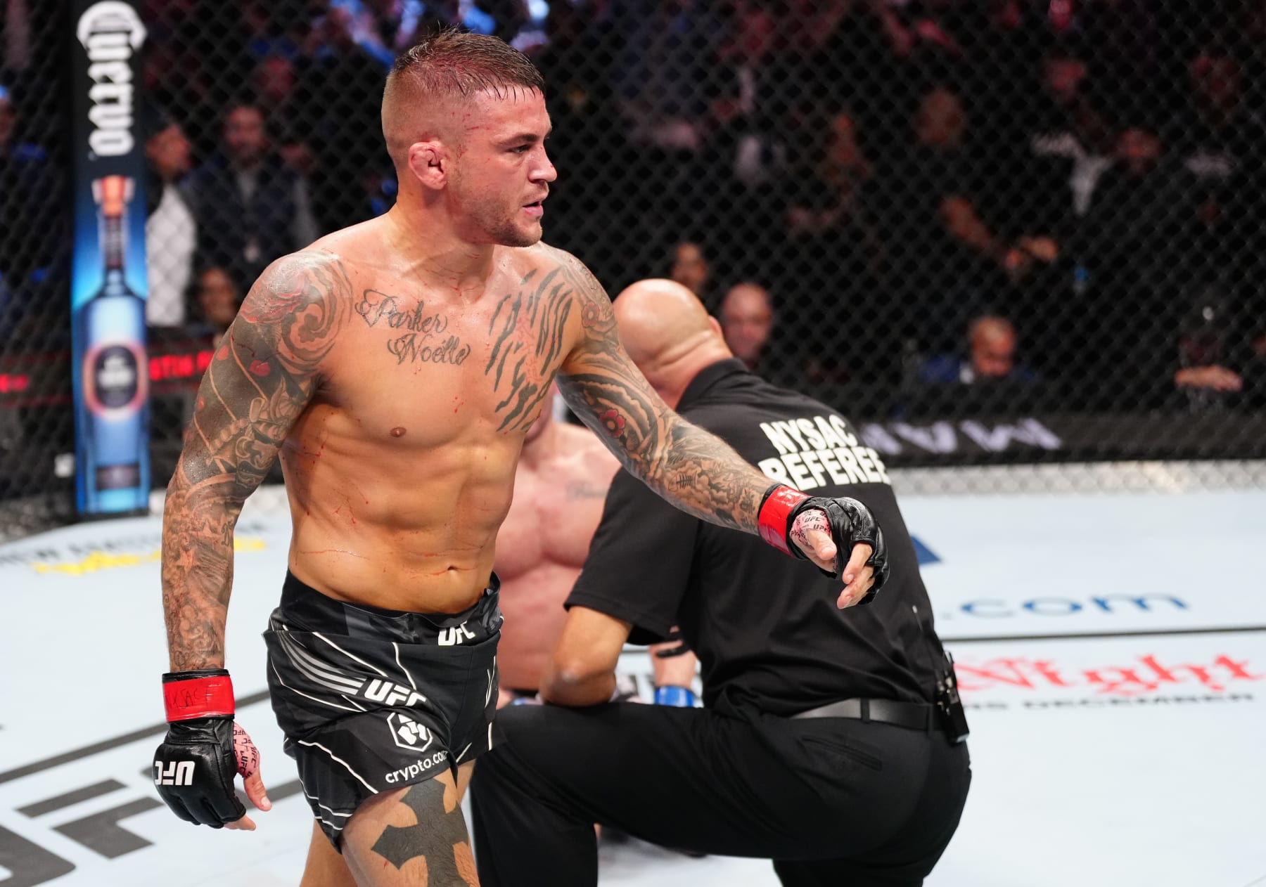 NEW YORK, NEW YORK - NOVEMBER 12: Dustin Poirier reacts after his submission victory over Michael Chandler in a lightweight bout during the UFC 281 event at Madison Square Garden on November 12, 2022 in New York City. (Photo by Jeff Bottari/Zuffa LLC)