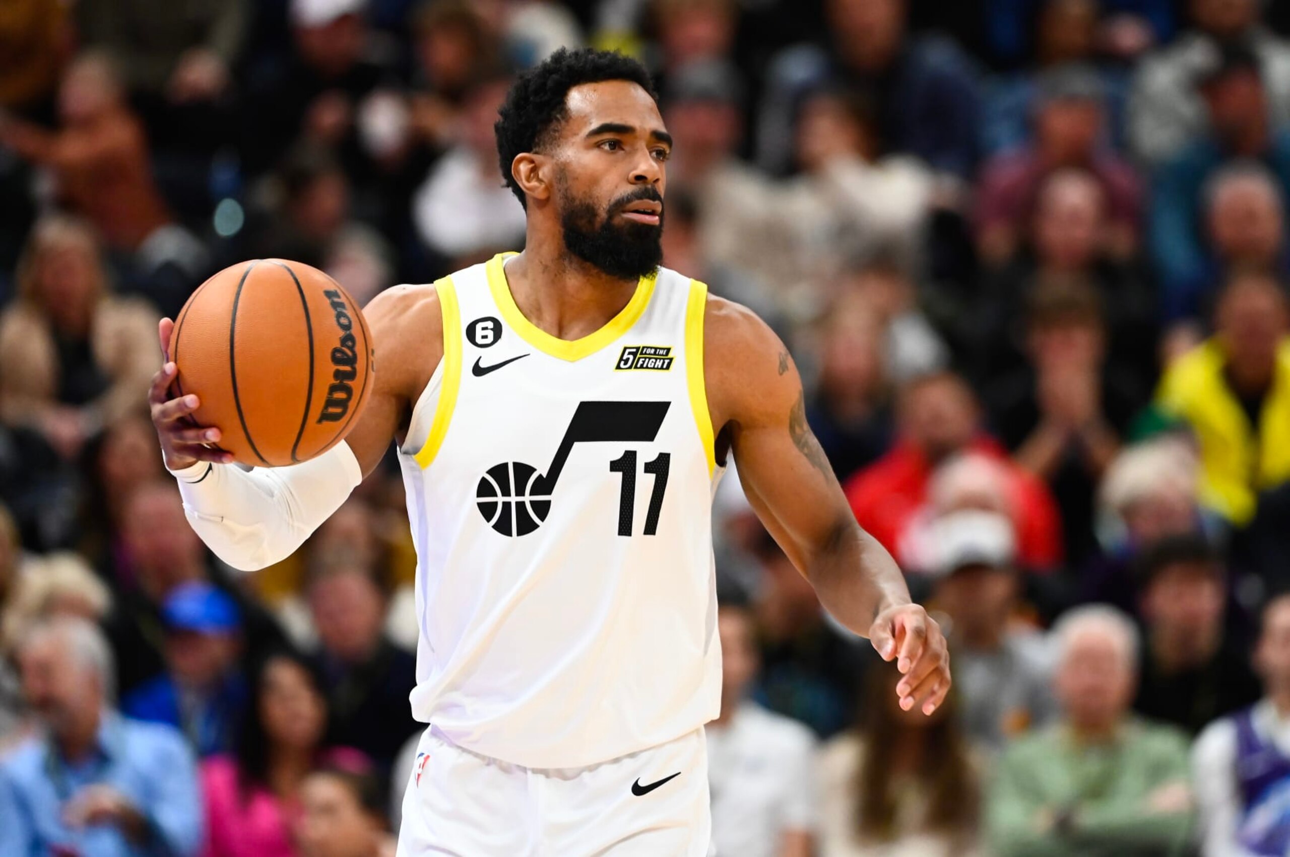 SALT LAKE CITY, UTAH - FEBRUARY 06: Mike Conley #11 of the Utah Jazz in action during the second half of a game against the Dallas Mavericks at Vivint Arena on February 06, 2023 in Salt Lake City, Utah. NOTE TO USER: User expressly acknowledges and agrees that, by downloading and or using this photograph, User is consenting to the terms and conditions of the Getty Images License Agreement. (Photo by Alex Goodlett/Getty Images)
