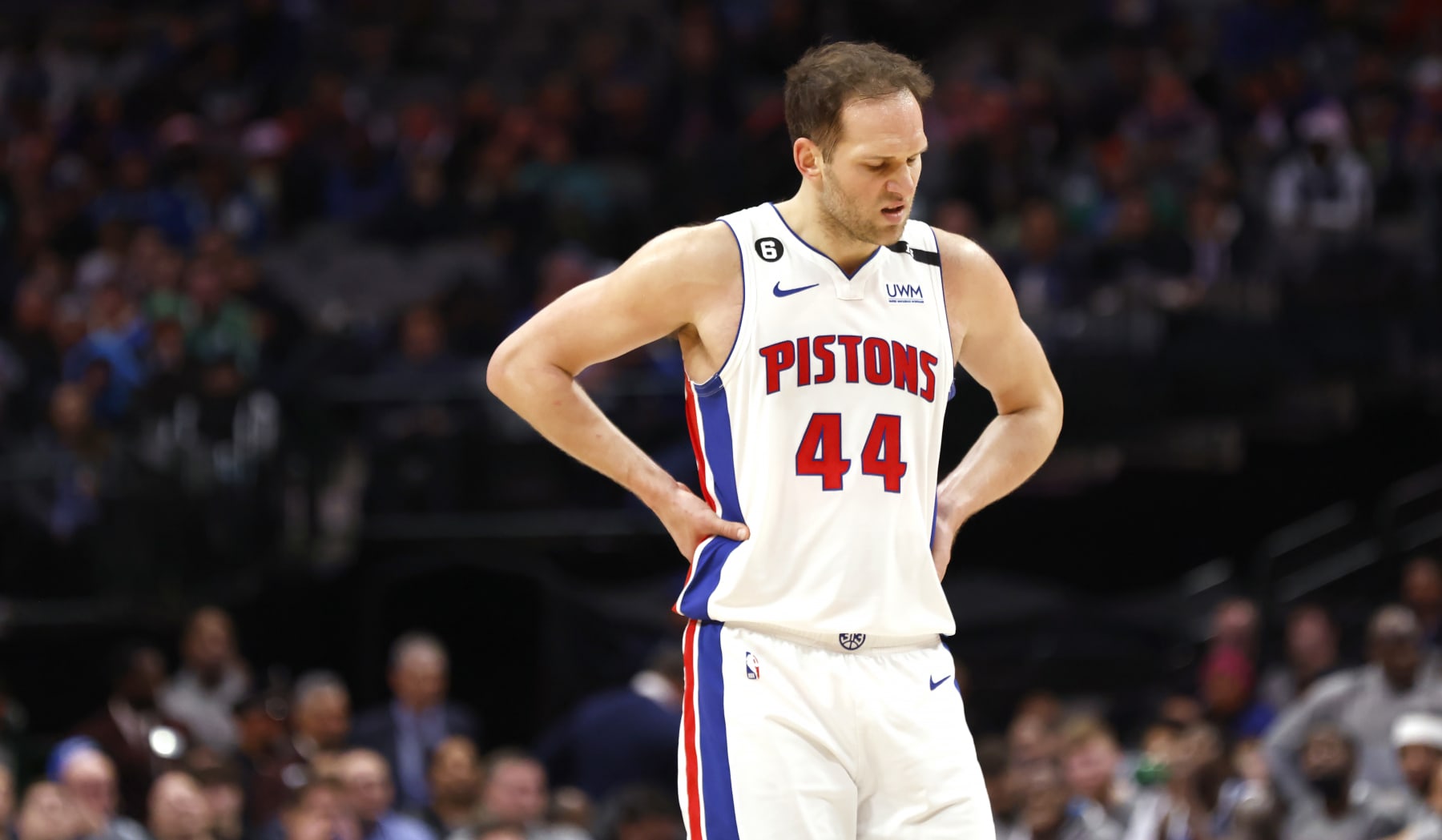 DALLAS, TX - JANUARY 30: Bojan Bogdanovic #44 of the Detroit Pistons reacts against the Dallas Mavericks in the second half at American Airlines Center on January 30, 2023 in Dallas, Texas. The Mavericks won 111-105. NOTE TO USER: User expressly acknowledges and agrees that, by downloading and or using this photograph, User is consenting to the terms and conditions of the Getty Images License Agreement. (Photo by Ron Jenkins/Getty Images)