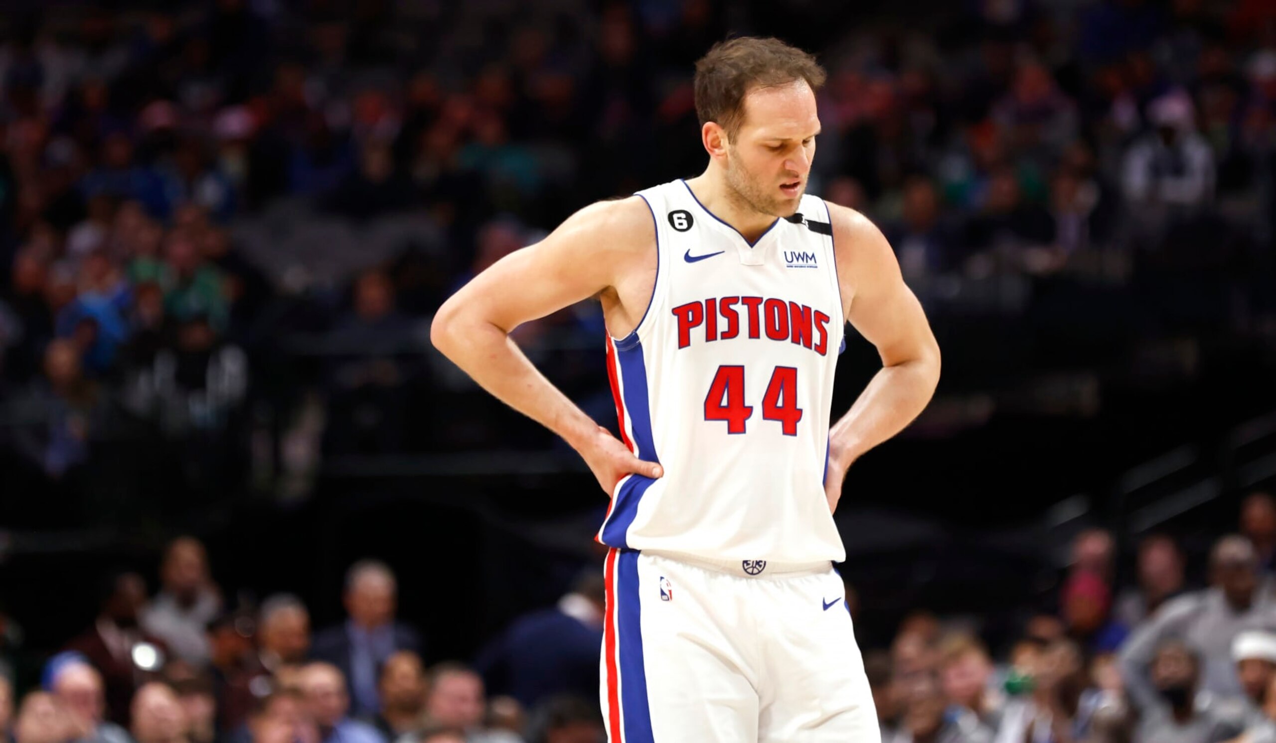 DALLAS, TX - JANUARY 30: Bojan Bogdanovic #44 of the Detroit Pistons reacts against the Dallas Mavericks in the second half at American Airlines Center on January 30, 2023 in Dallas, Texas. The Mavericks won 111-105. NOTE TO USER: User expressly acknowledges and agrees that, by downloading and or using this photograph, User is consenting to the terms and conditions of the Getty Images License Agreement. (Photo by Ron Jenkins/Getty Images)