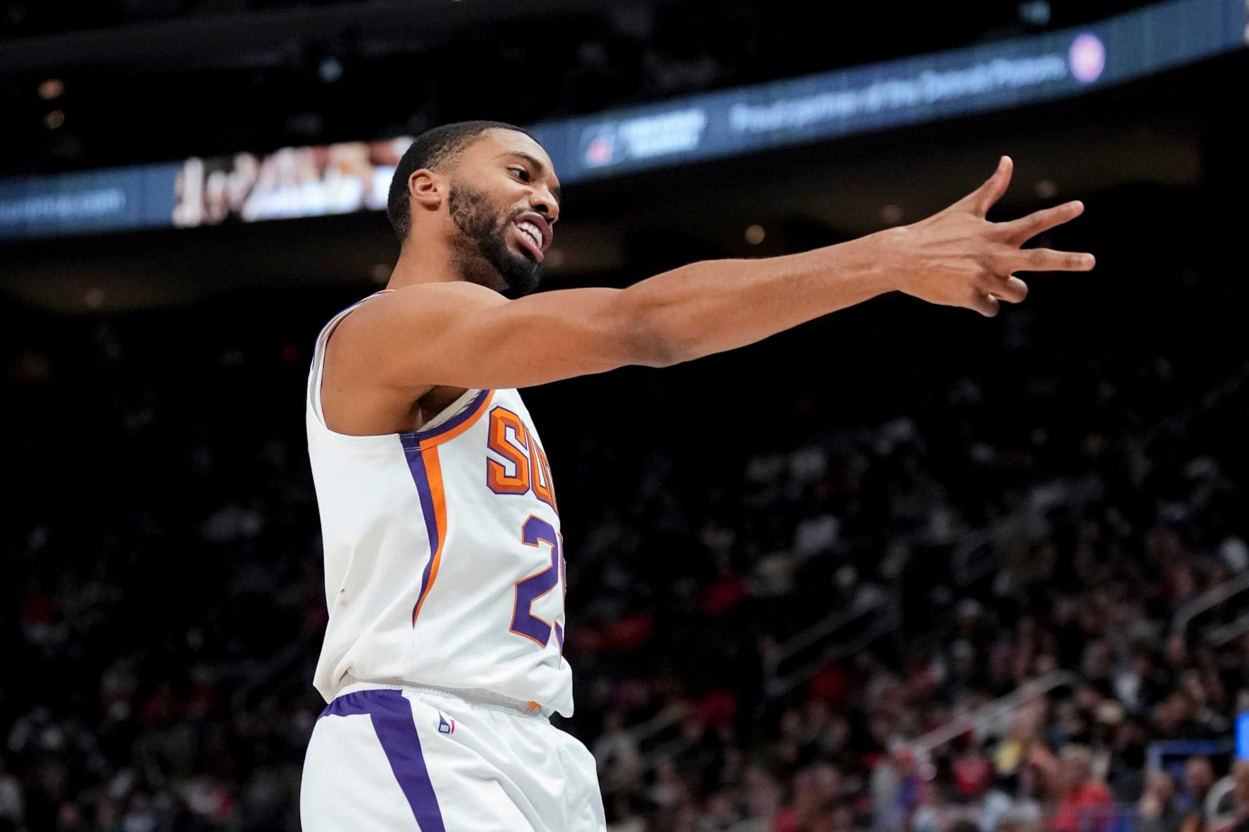 DETROIT, MICHIGAN - FEBRUARY 04: Mikal Bridges #25 of the Phoenix Suns reacts after making a 3-point basket against the Detroit Pistons during the fourth quarter at Little Caesars Arena on February 04, 2023 in Detroit, Michigan. NOTE TO USER: User expressly acknowledges and agrees that, by downloading and or using this photograph, User is consenting to the terms and conditions of the Getty Images License Agreement. (Photo by Nic Antaya/Getty Images) DETROIT, MICHIGAN - FEBRUARY 04: Mikal Bridges #25 of the Phoenix Suns reacts after making a 3-point basket against the Detroit Pistons during the fourth quarter at Little Caesars Arena on February 04, 2023 in Detroit, Michigan. NOTE TO USER: User expressly acknowledges and agrees that, by downloading and or using this photograph, User is consenting to the terms and conditions of the Getty Images License Agreement. (Photo by Nic Antaya/Getty Images)