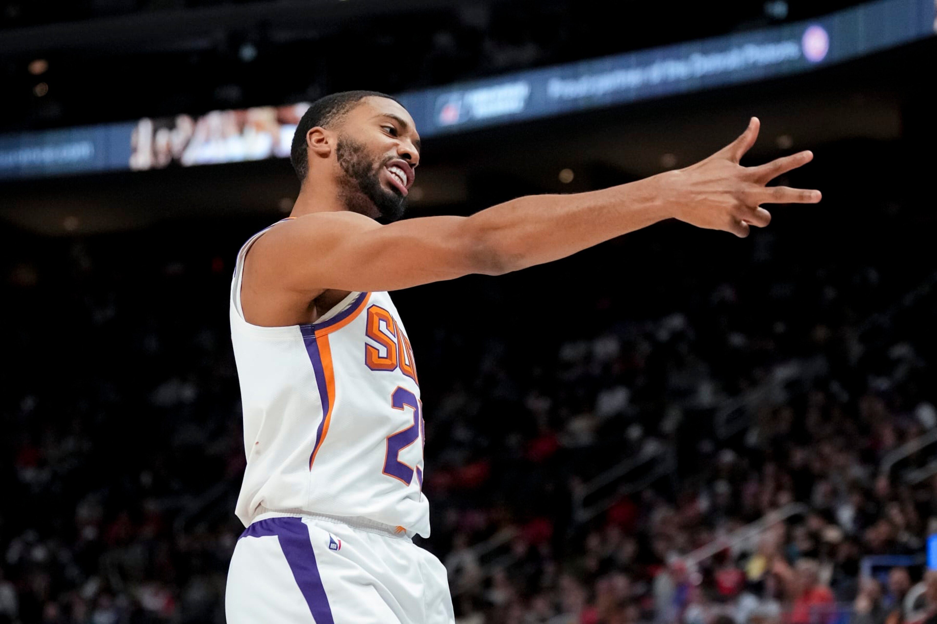 DETROIT, MICHIGAN - FEBRUARY 04: Mikal Bridges #25 of the Phoenix Suns reacts after making a 3-point basket against the Detroit Pistons during the fourth quarter at Little Caesars Arena on February 04, 2023 in Detroit, Michigan. NOTE TO USER: User expressly acknowledges and agrees that, by downloading and or using this photograph, User is consenting to the terms and conditions of the Getty Images License Agreement. (Photo by Nic Antaya/Getty Images)