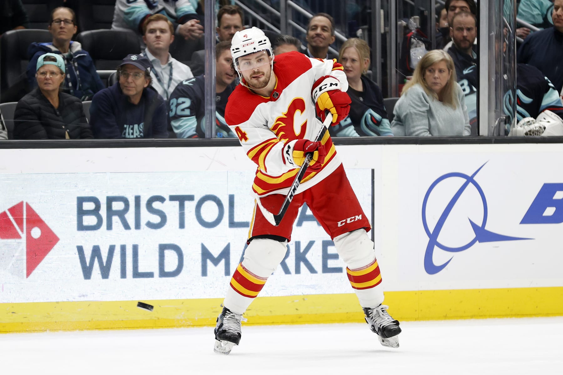 SEATTLE, WASHINGTON - JANUARY 27: Rasmus Andersson #4 of the Calgary Flames skates against the Seattle Kraken during the third period at Climate Pledge Arena on January 27, 2023 in Seattle, Washington. (Photo by Steph Chambers/Getty Images)