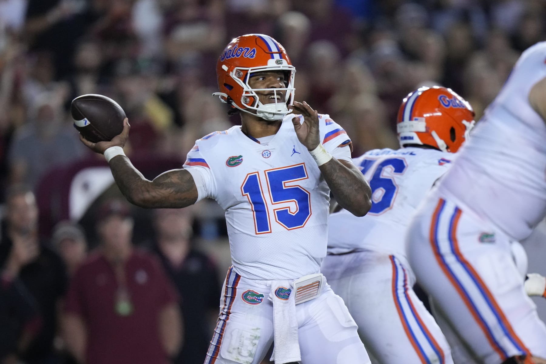 TALLAHASSEE, FL - NOVEMBER 25: Florida Gators quarterback Anthony Richardson (15) makes a pass attempt during the game between the Florida Gators and the Florida State Seminoles on Friday, November 25, 2022 at Bobby Bowden Field at Doak Campbell Stadium (Photo by Peter Joneleit/Icon Sportswire via Getty Images)