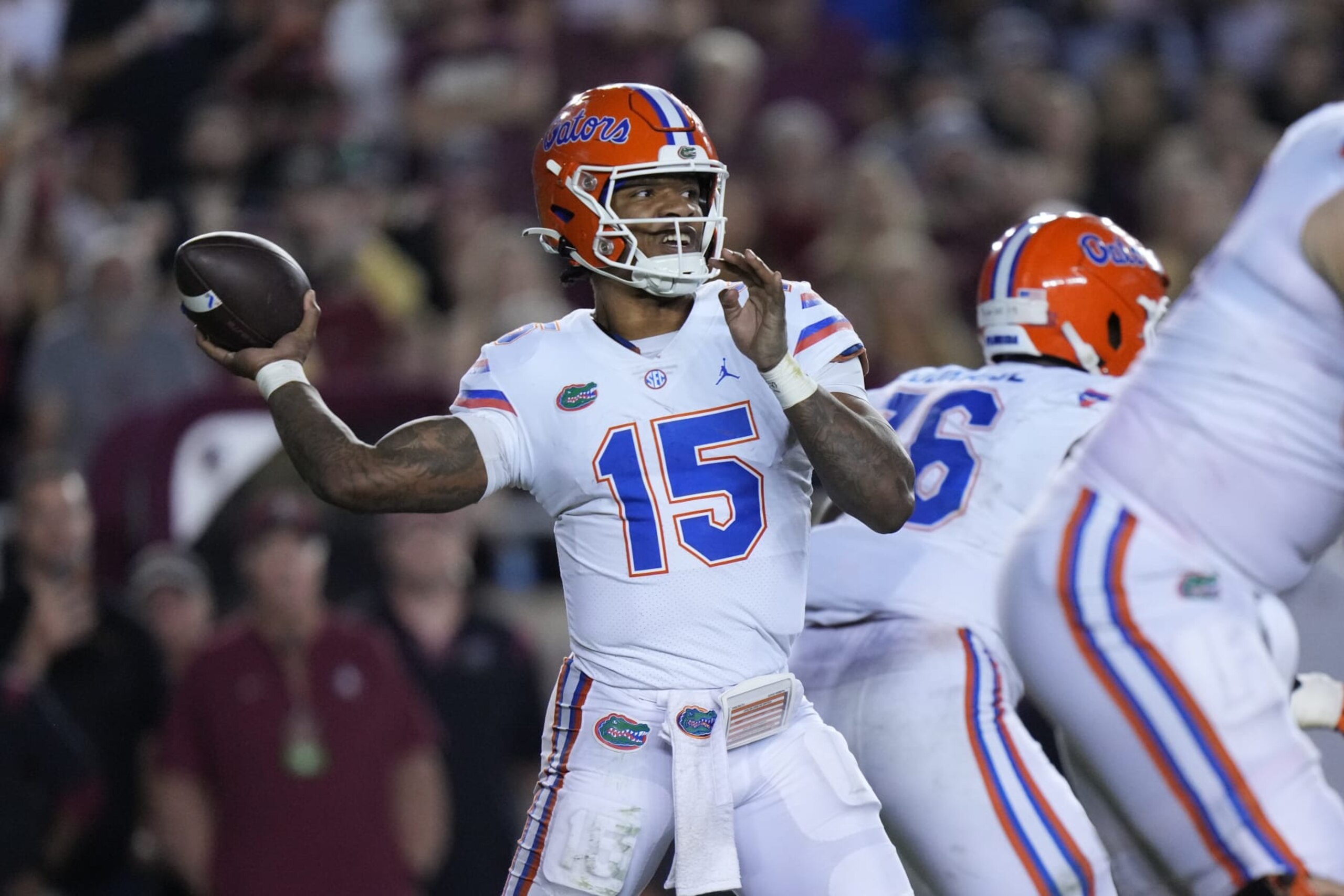 TALLAHASSEE, FL - NOVEMBER 25: Florida Gators quarterback Anthony Richardson (15) makes a pass attempt during the game between the Florida Gators and the Florida State Seminoles on Friday, November 25, 2022 at Bobby Bowden Field at Doak Campbell Stadium (Photo by Peter Joneleit/Icon Sportswire via Getty Images)