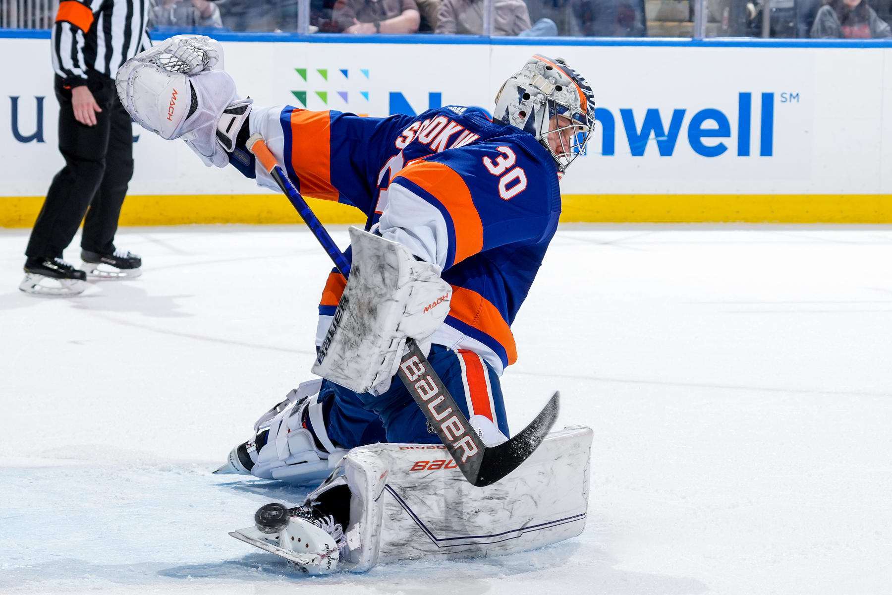ELMONT, NEW YORK - FEBRUARY 07:  Ilya Sorokin #30 of the New York Islanders makes the save against the Seattle Kraken during the second period at UBS Arena on February 07, 2023 in Elmont, New York. (Photo by Mike Stobe/NHLI via Getty Images)