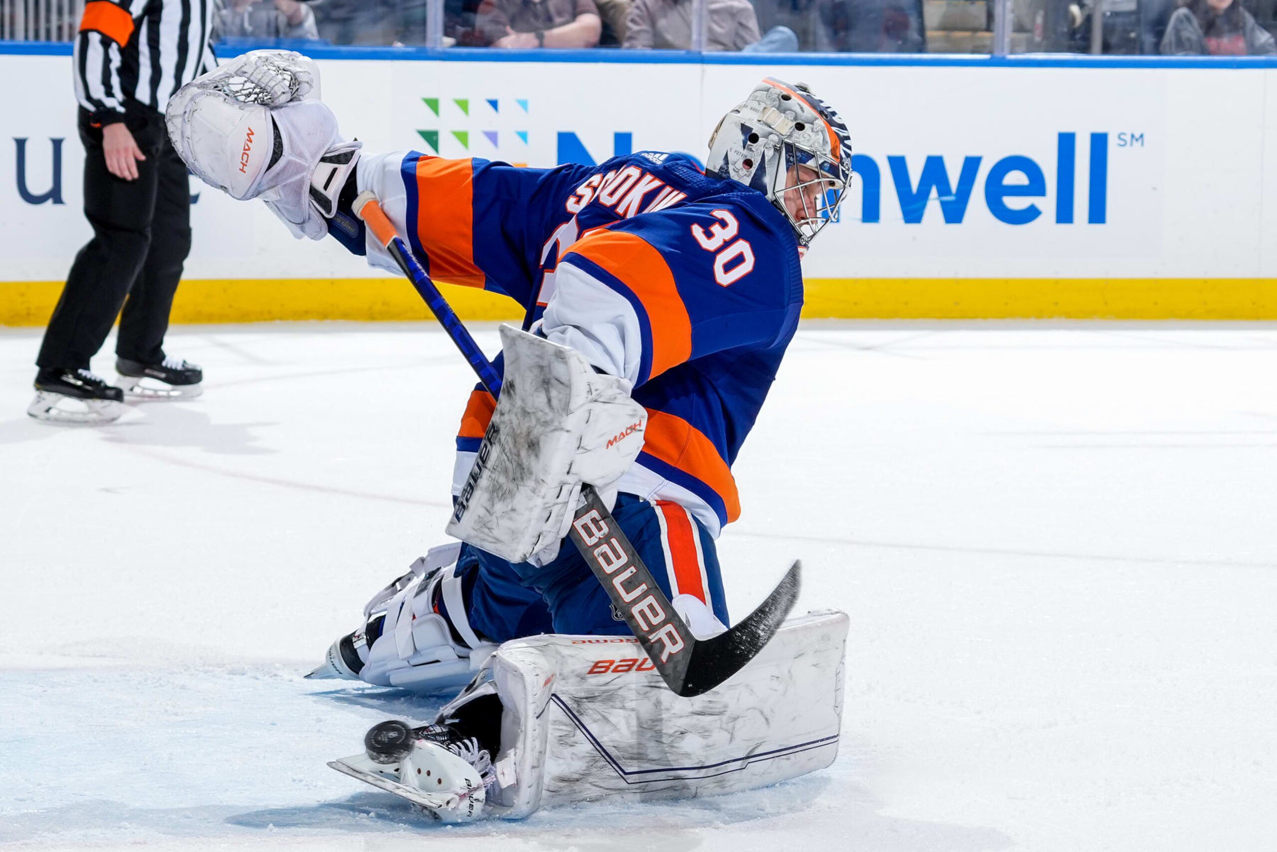ELMONT, NEW YORK - FEBRUARY 07:  Ilya Sorokin #30 of the New York Islanders makes the save against the Seattle Kraken during the second period at UBS Arena on February 07, 2023 in Elmont, New York. (Photo by Mike Stobe/NHLI via Getty Images)