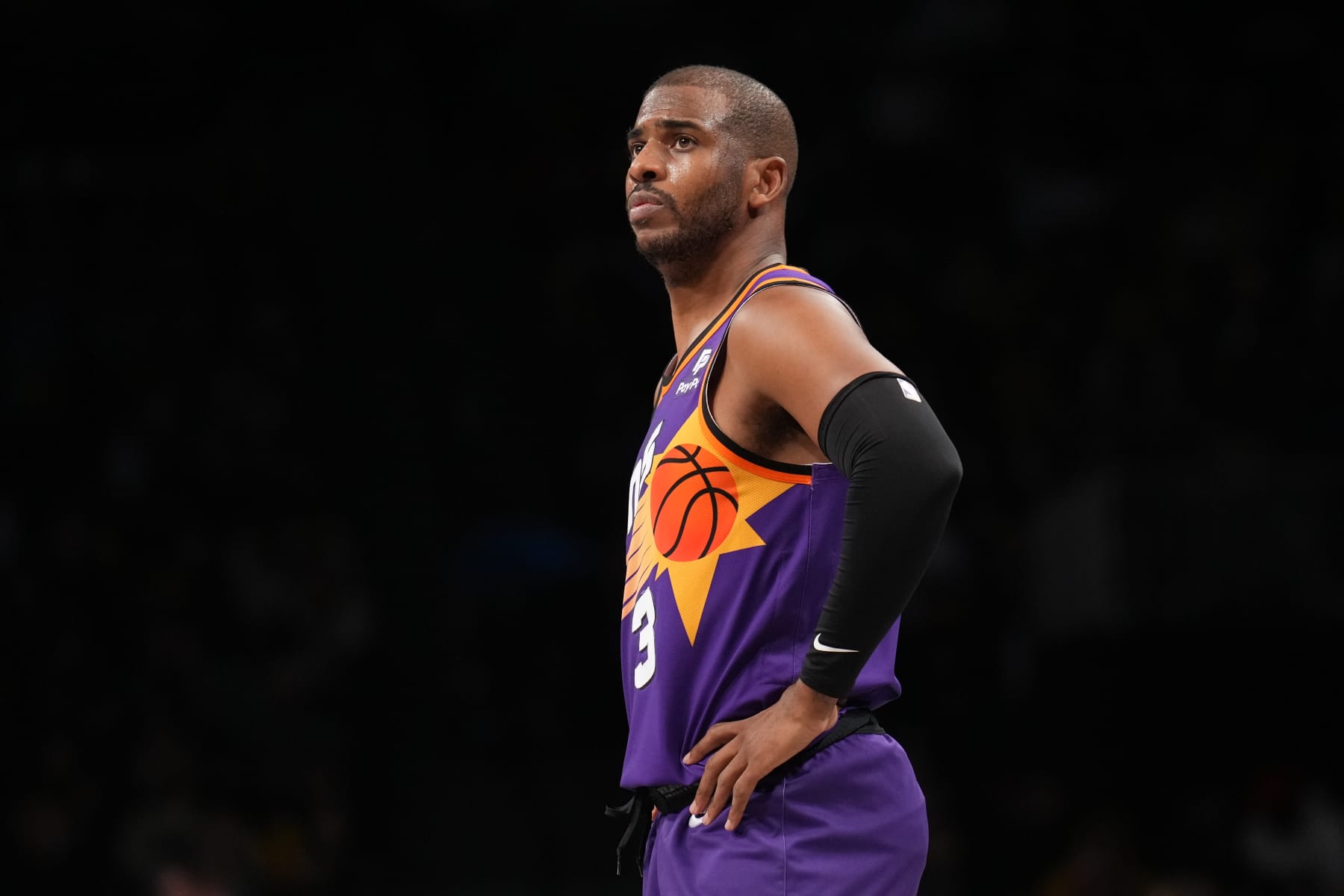 BROOKLYN, NY - FEBRUARY 7: Chris Paul #3 of the Phoenix Suns looks on during the game against the Brooklyn Nets on February 7, 2023 at Barclays Center in Brooklyn, New York. NOTE TO USER: User expressly acknowledges and agrees that, by downloading and or using this Photograph, user is consenting to the terms and conditions of the Getty Images License Agreement. Mandatory Copyright Notice: Copyright 2023 NBAE (Photo by Jesse D. Garrabrant/NBAE via Getty Images)