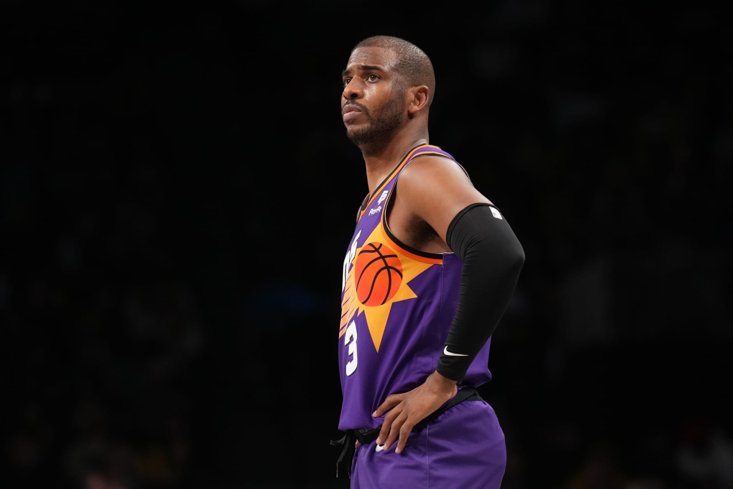 BROOKLYN, NY - FEBRUARY 7: Chris Paul #3 of the Phoenix Suns looks on during the game against the Brooklyn Nets on February 7, 2023 at Barclays Center in Brooklyn, New York. NOTE TO USER: User expressly acknowledges and agrees that, by downloading and or using this Photograph, user is consenting to the terms and conditions of the Getty Images License Agreement. Mandatory Copyright Notice: Copyright 2023 NBAE (Photo by Jesse D. Garrabrant/NBAE via Getty Images)