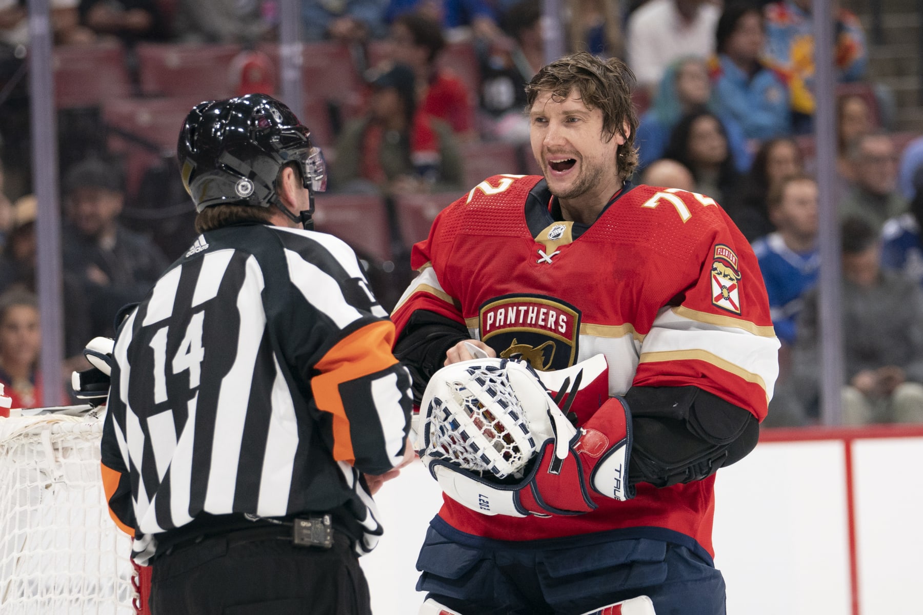SUNRISE, FL - FEBRUARY 06: Florida Panthers goaltender Sergei Bobrovsky (72) talking to referee Trevor Hanson (14) during the game between the Florida Panthers and the Tampa Bay Lightning at FLA Live Arena in Sunrise, FL on February 6, 2023. (Photo by Jason Mowry/Icon Sportswire via Getty Images)