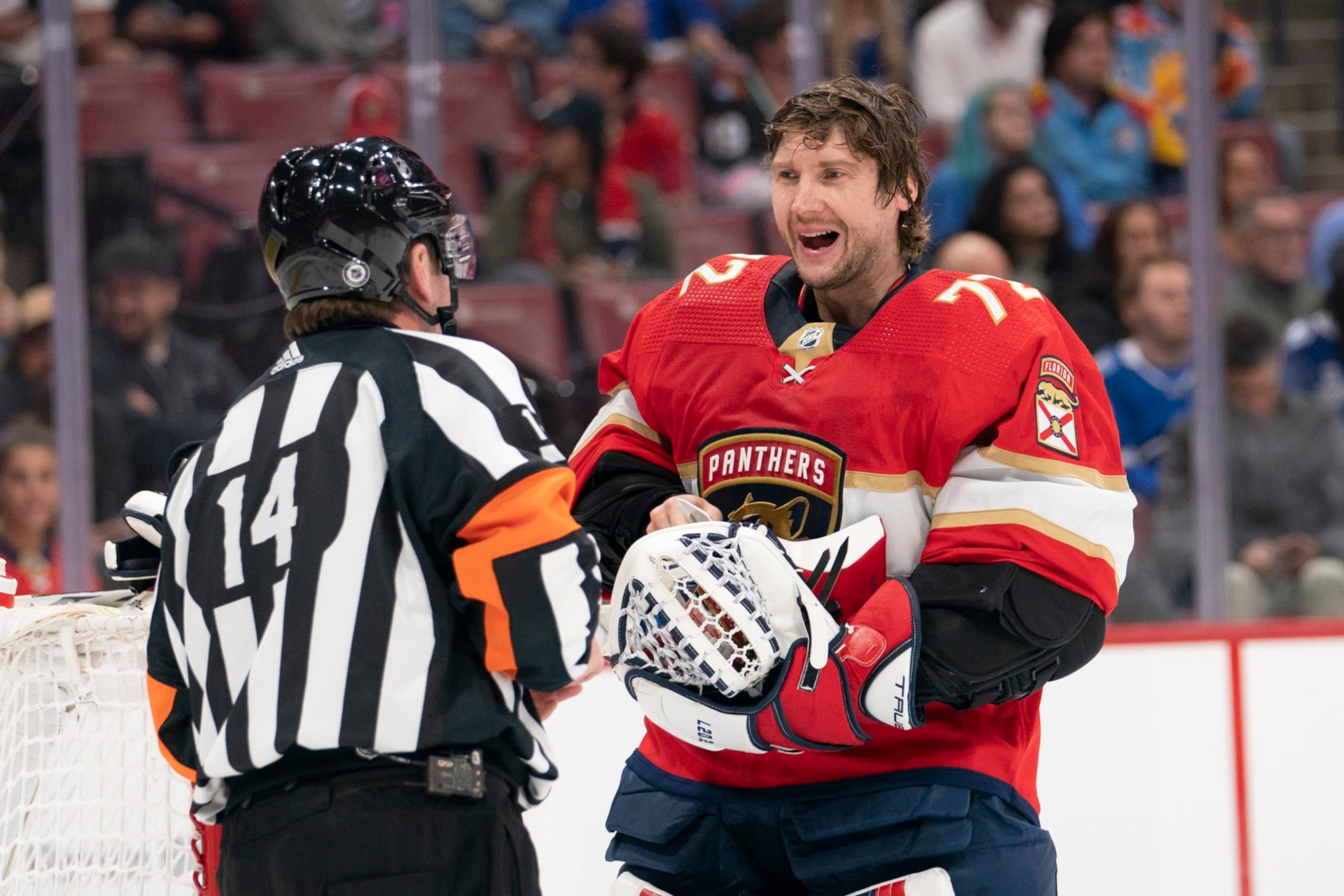 SUNRISE, FL - FEBRUARY 06: Florida Panthers goaltender Sergei Bobrovsky (72) talking to referee Trevor Hanson (14) during the game between the Florida Panthers and the Tampa Bay Lightning at FLA Live Arena in Sunrise, FL on February 6, 2023. (Photo by Jason Mowry/Icon Sportswire via Getty Images)